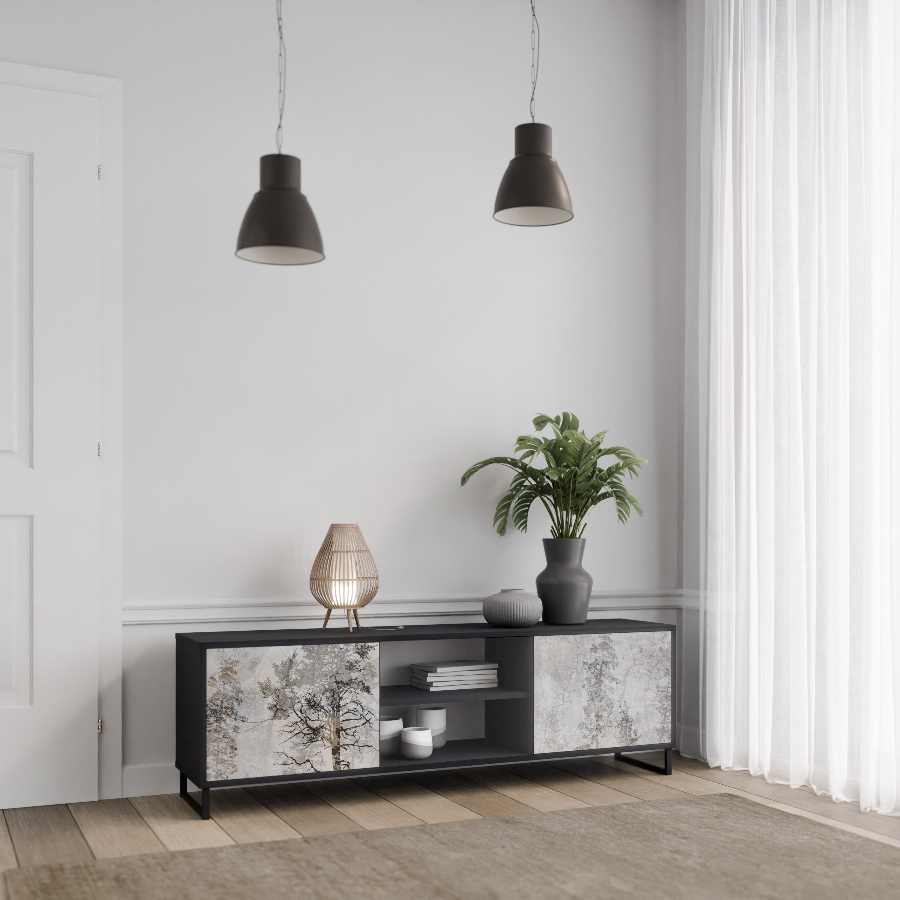Mueble de TV de 2 puertas FADE IN THE TREES con acabado negro