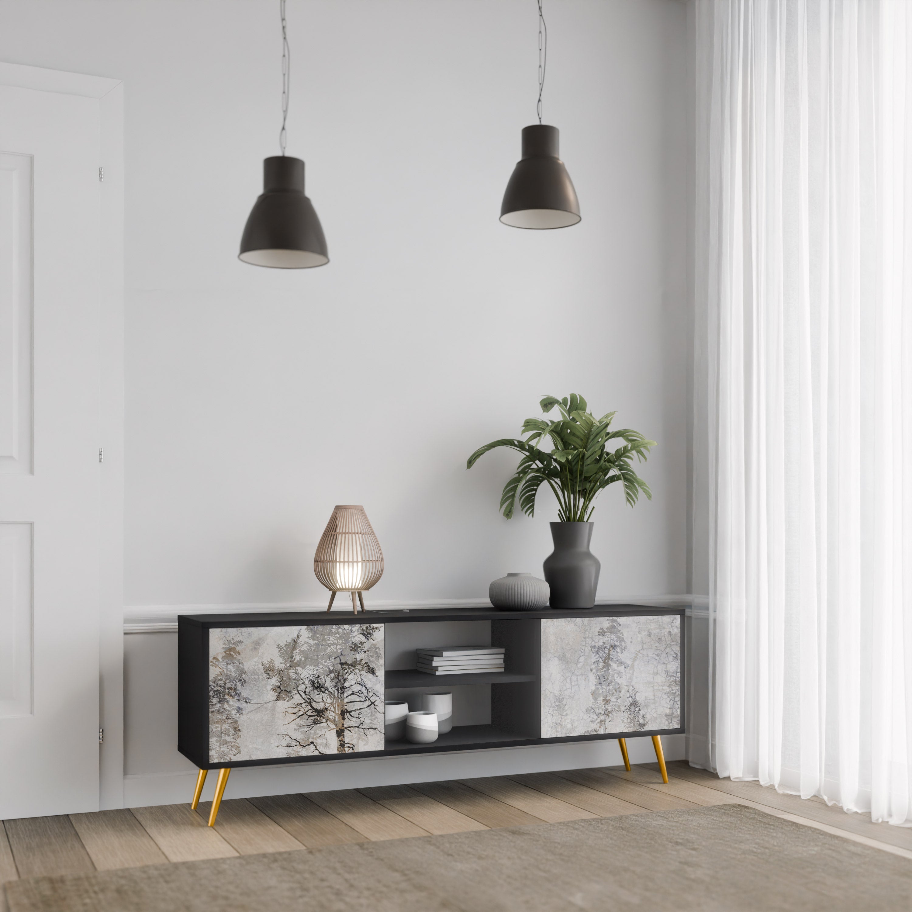 Mueble de TV de 2 puertas FADE IN THE TREES con acabado negro