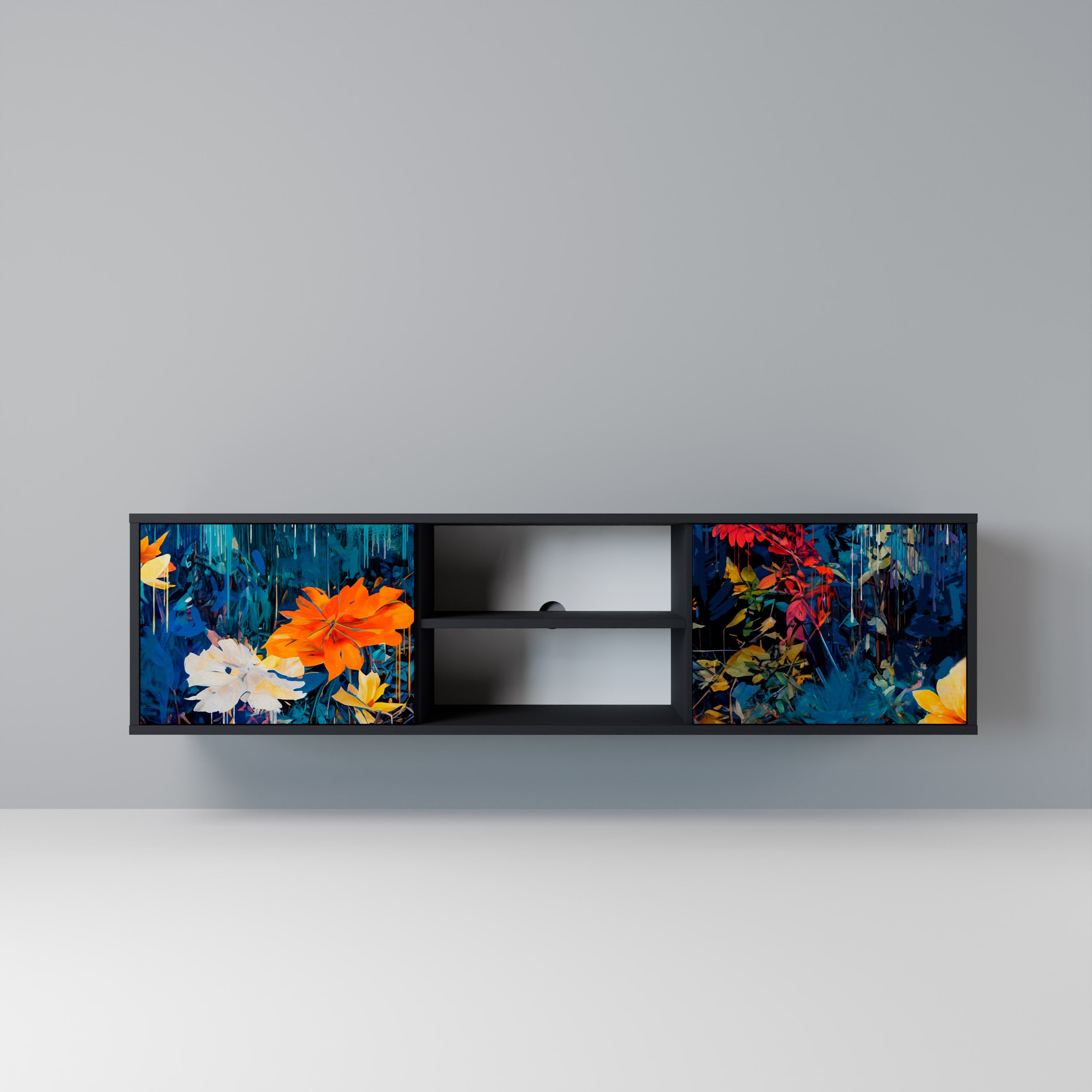 Mueble de TV de 2 puertas MIDNIGHT BLOSSOM con acabado negro