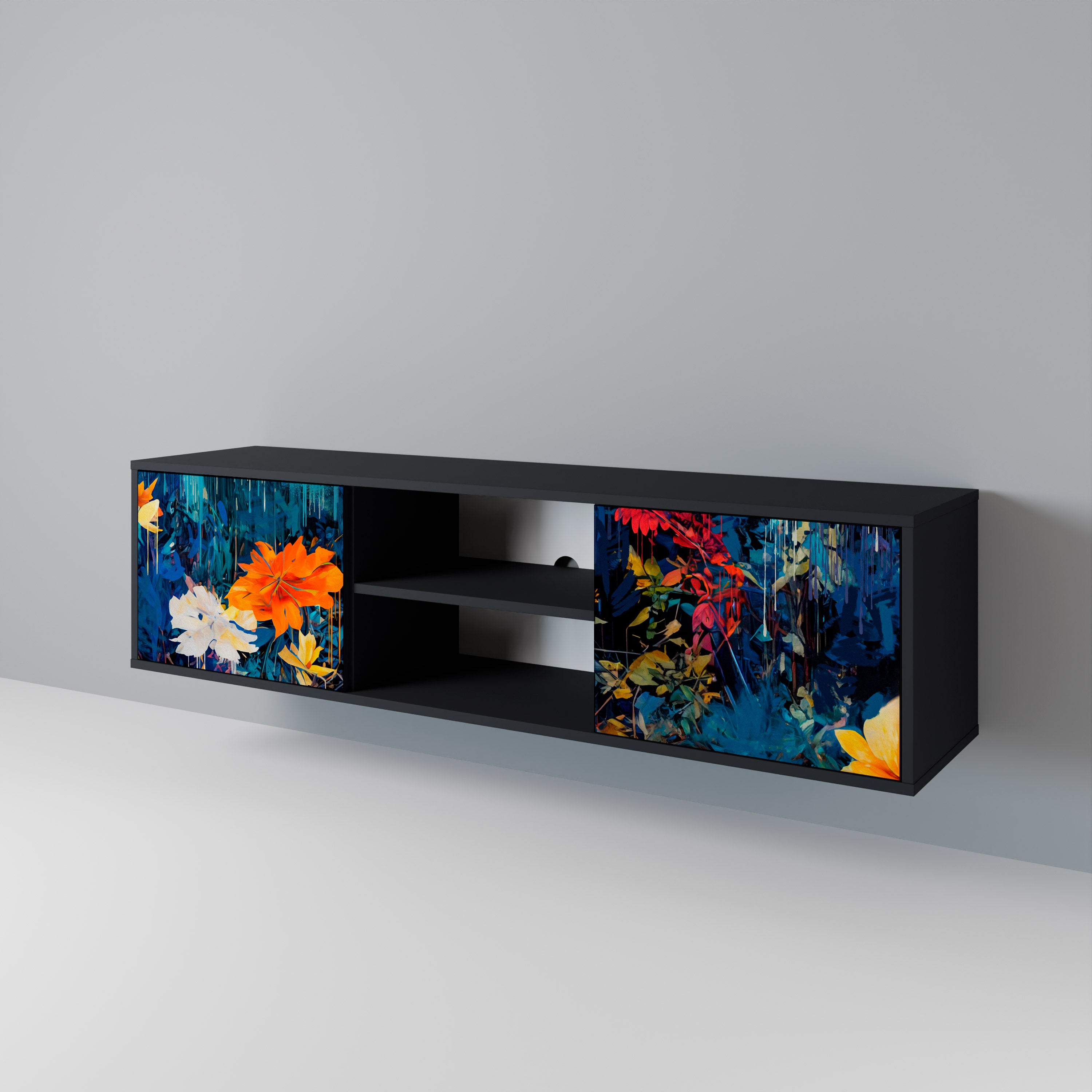 Mueble de TV de 2 puertas MIDNIGHT BLOSSOM con acabado negro