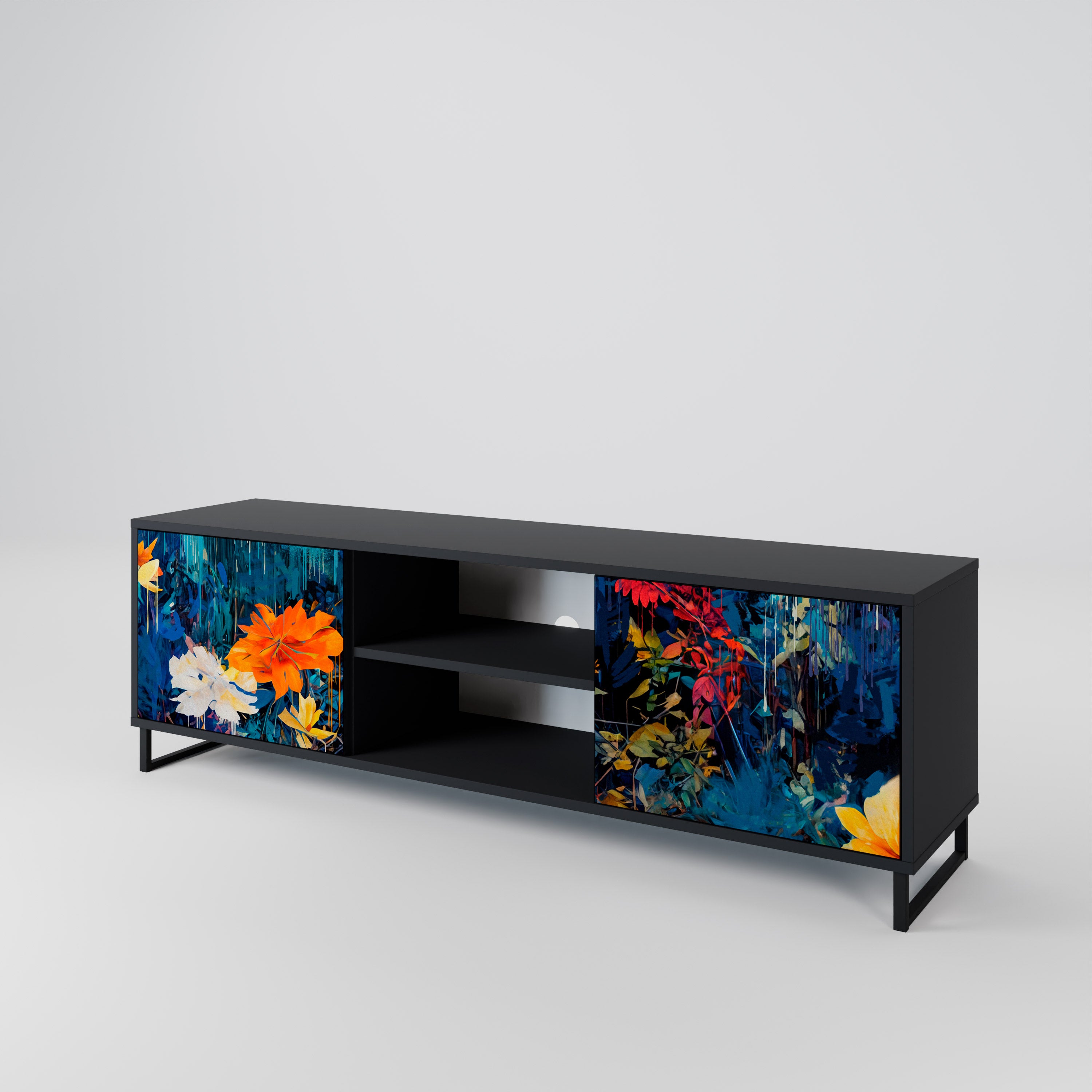 Mueble de TV de 2 puertas MIDNIGHT BLOSSOM con acabado negro