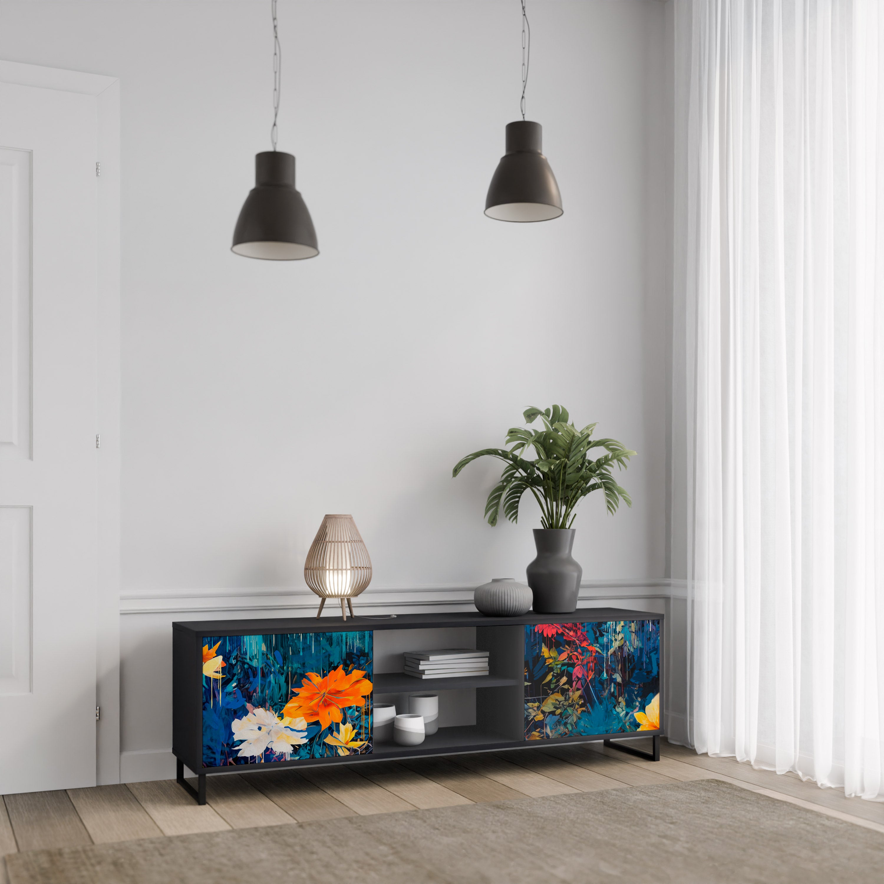Mueble de TV de 2 puertas MIDNIGHT BLOSSOM con acabado negro