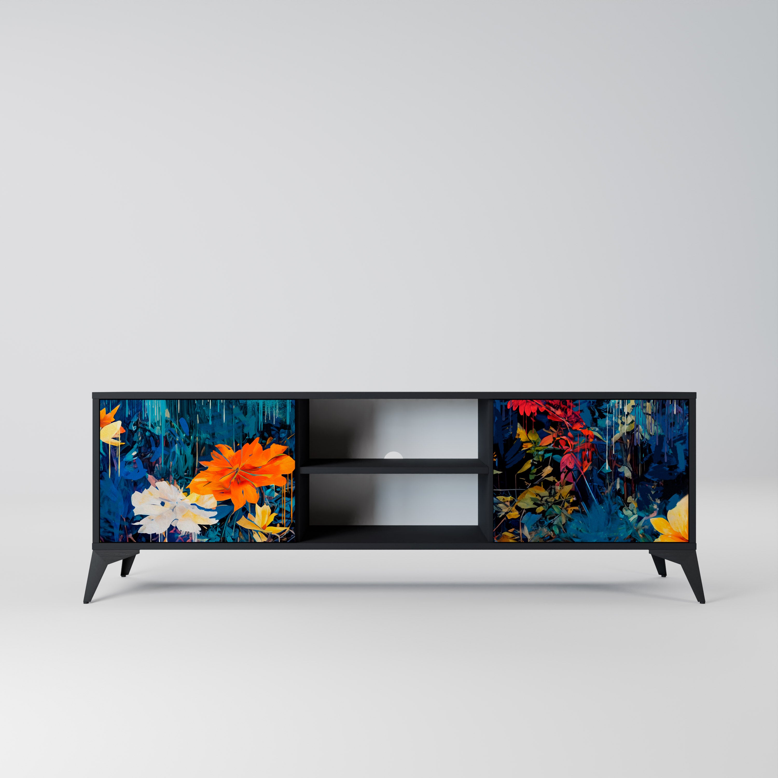 Mueble de TV de 2 puertas MIDNIGHT BLOSSOM con acabado negro
