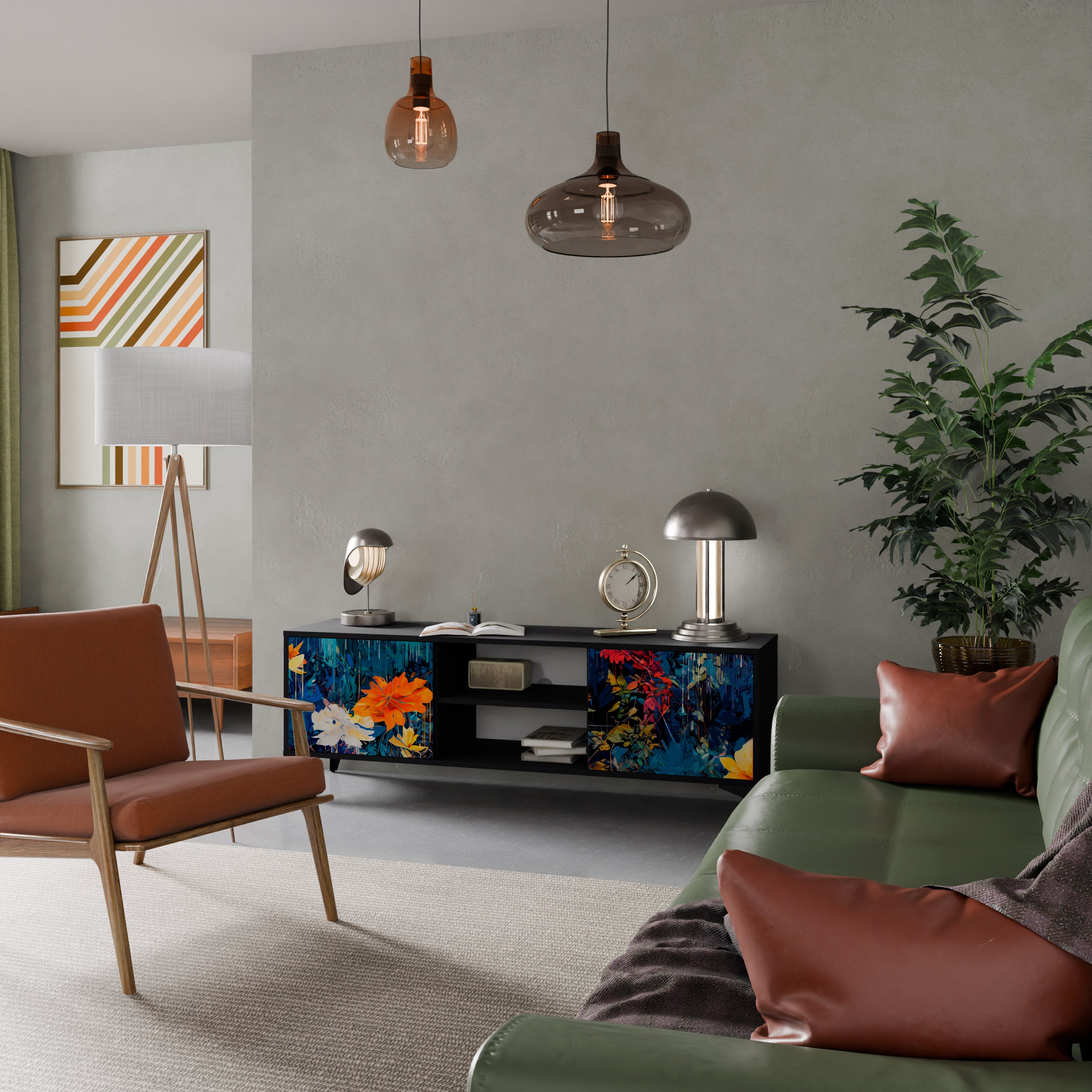 Mueble de TV de 2 puertas MIDNIGHT BLOSSOM con acabado negro