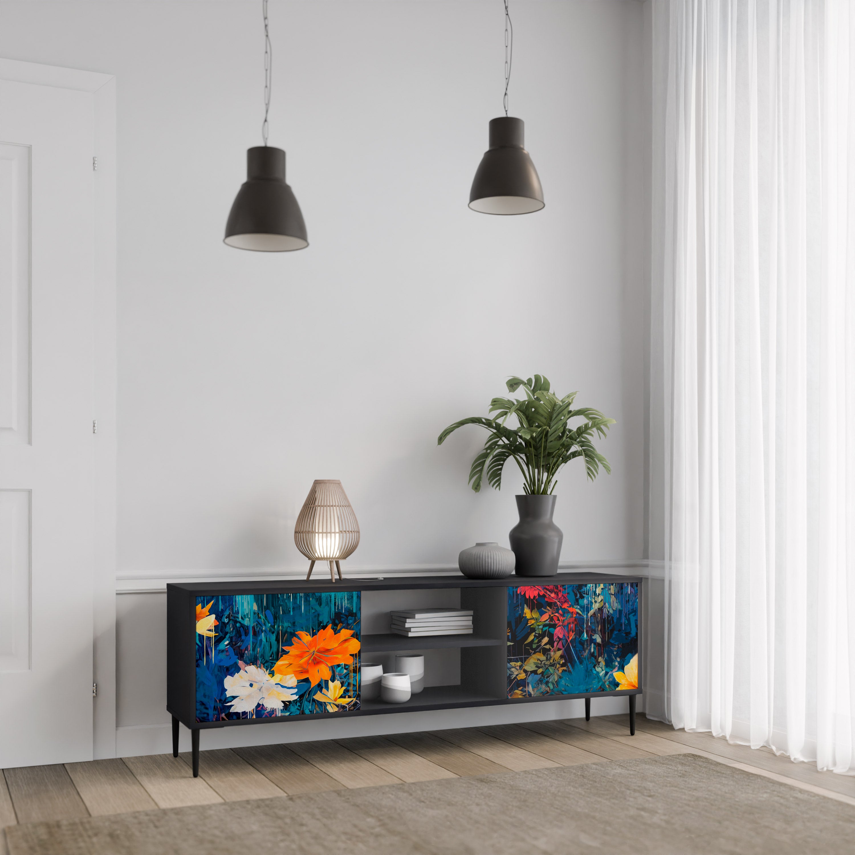 Mueble de TV de 2 puertas MIDNIGHT BLOSSOM con acabado negro