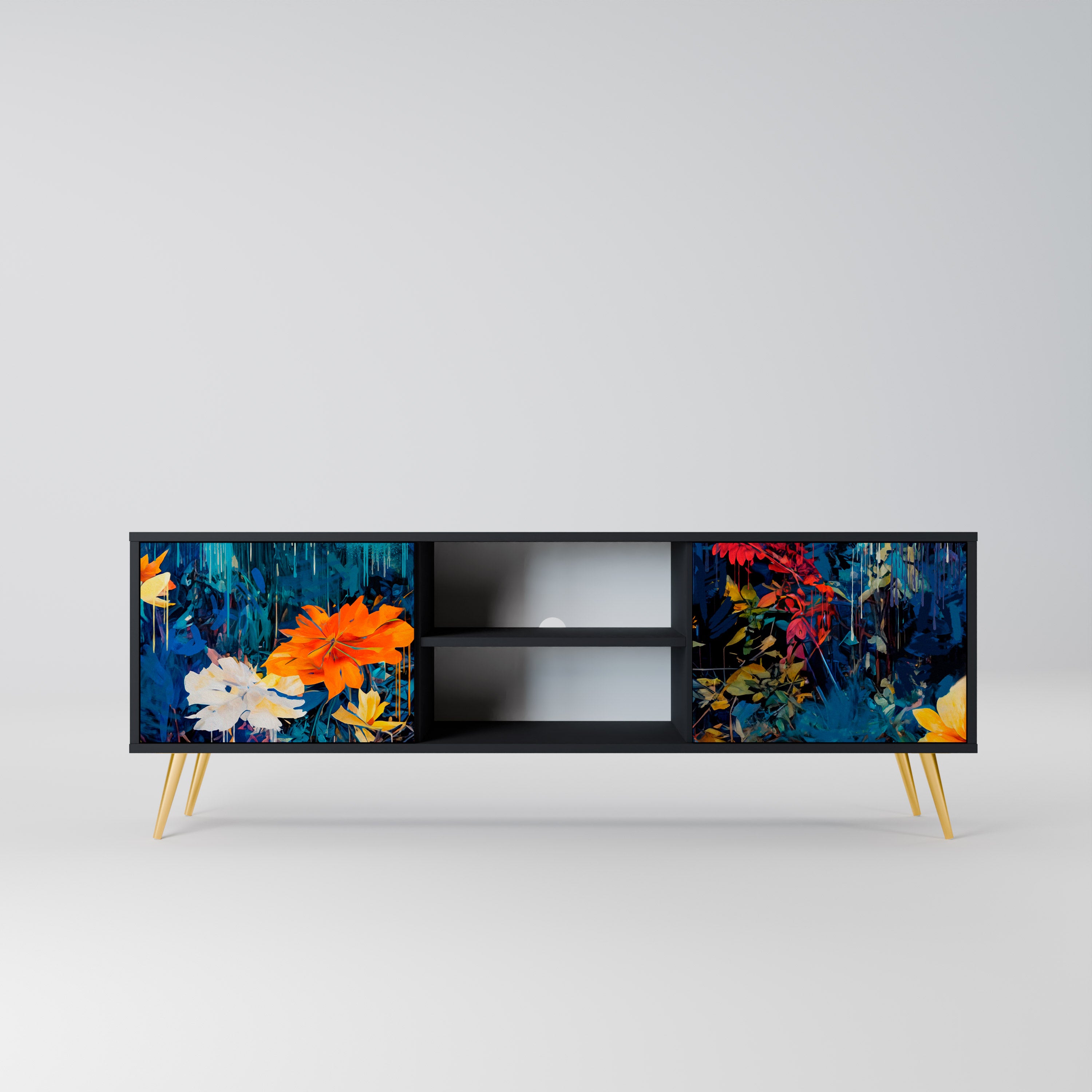 Mueble de TV de 2 puertas MIDNIGHT BLOSSOM con acabado negro