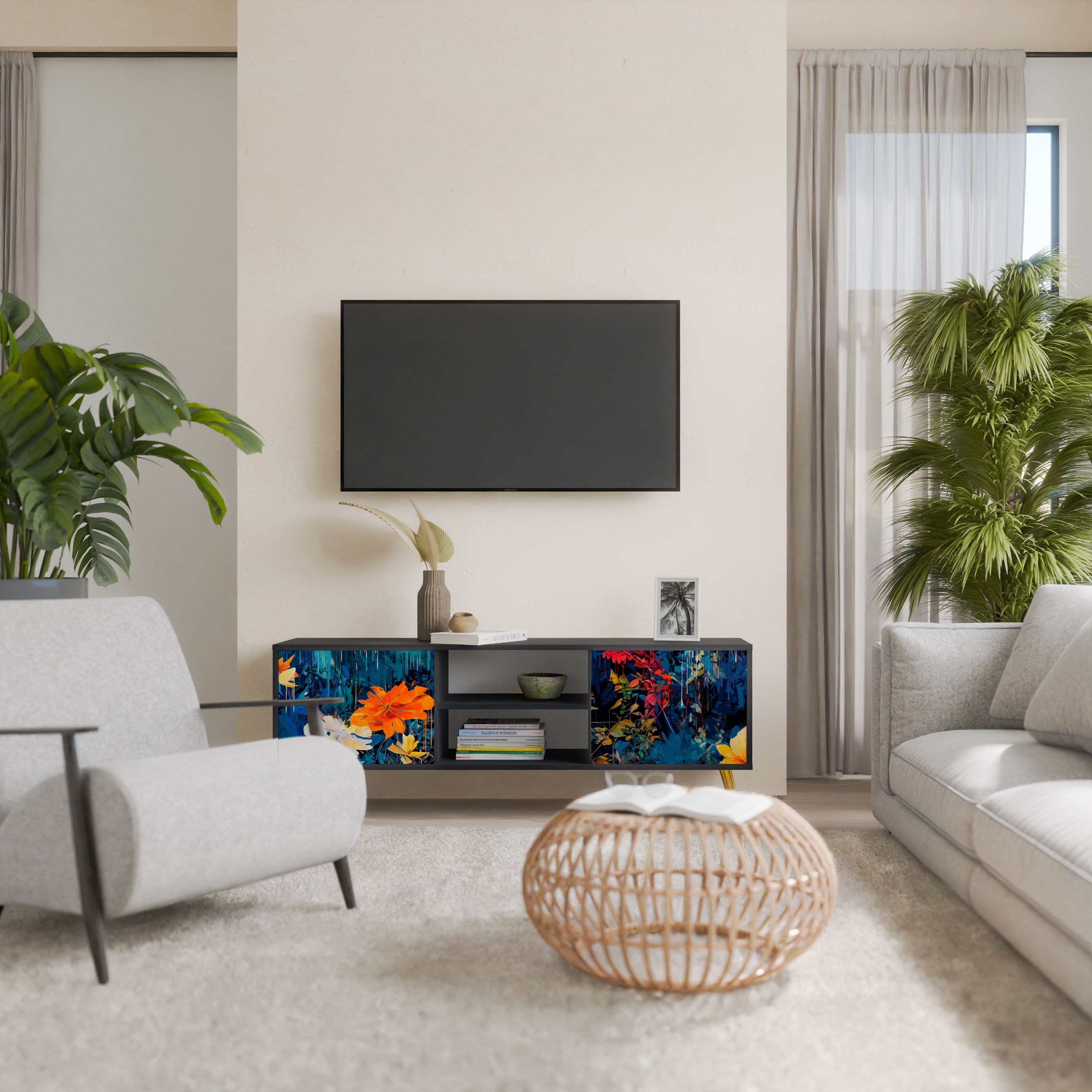 Mueble de TV de 2 puertas MIDNIGHT BLOSSOM con acabado negro