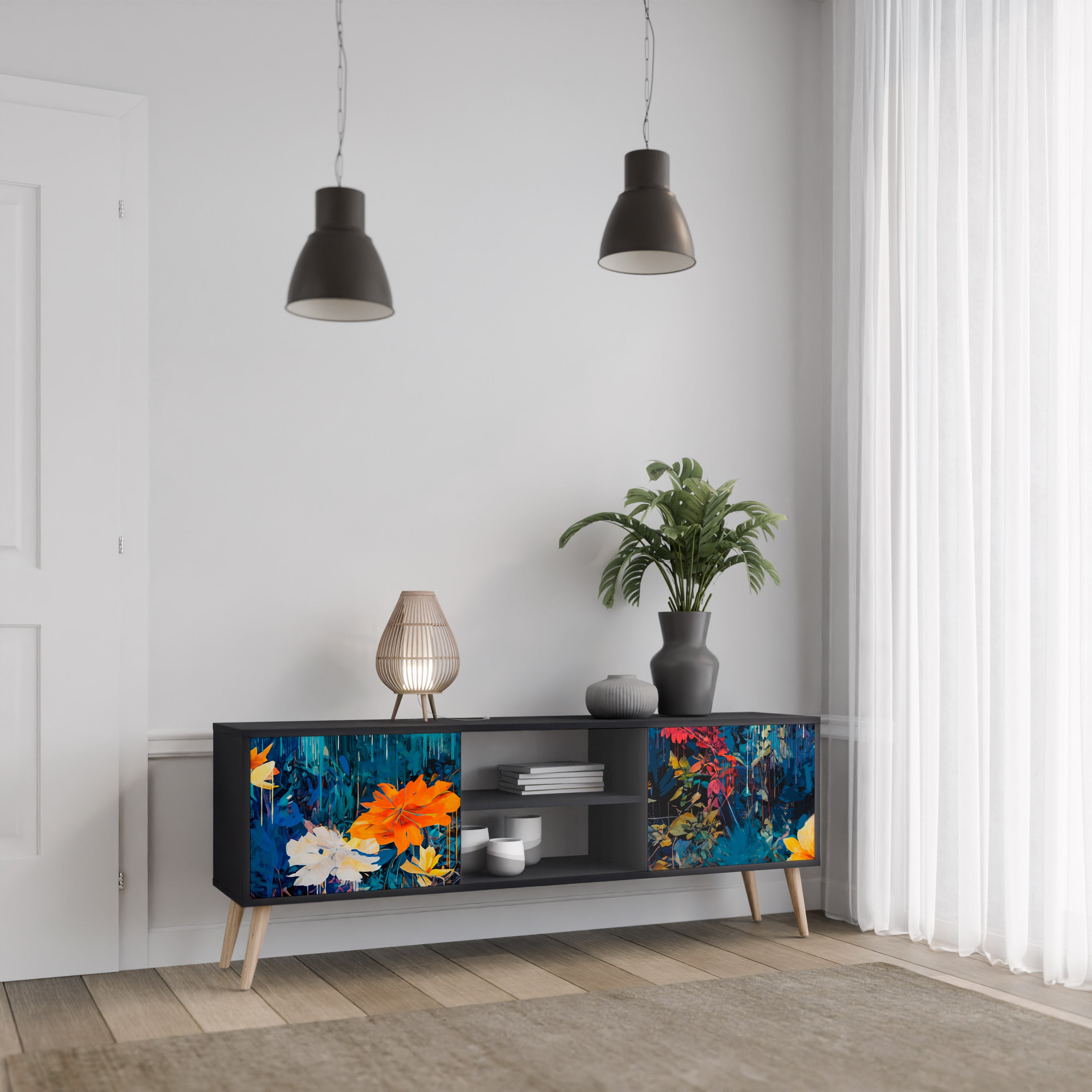 Mueble de TV de 2 puertas MIDNIGHT BLOSSOM con acabado negro
