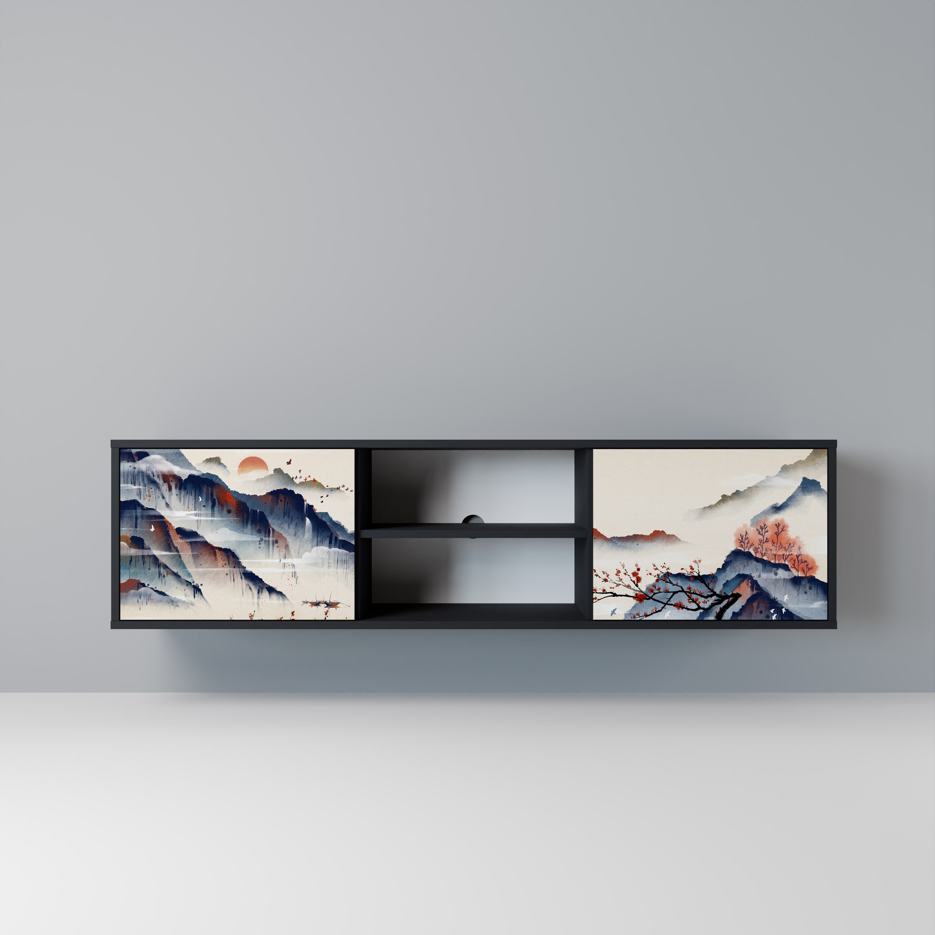 Mueble de TV de 2 puertas con diseño de paisaje japonés en acabado negro