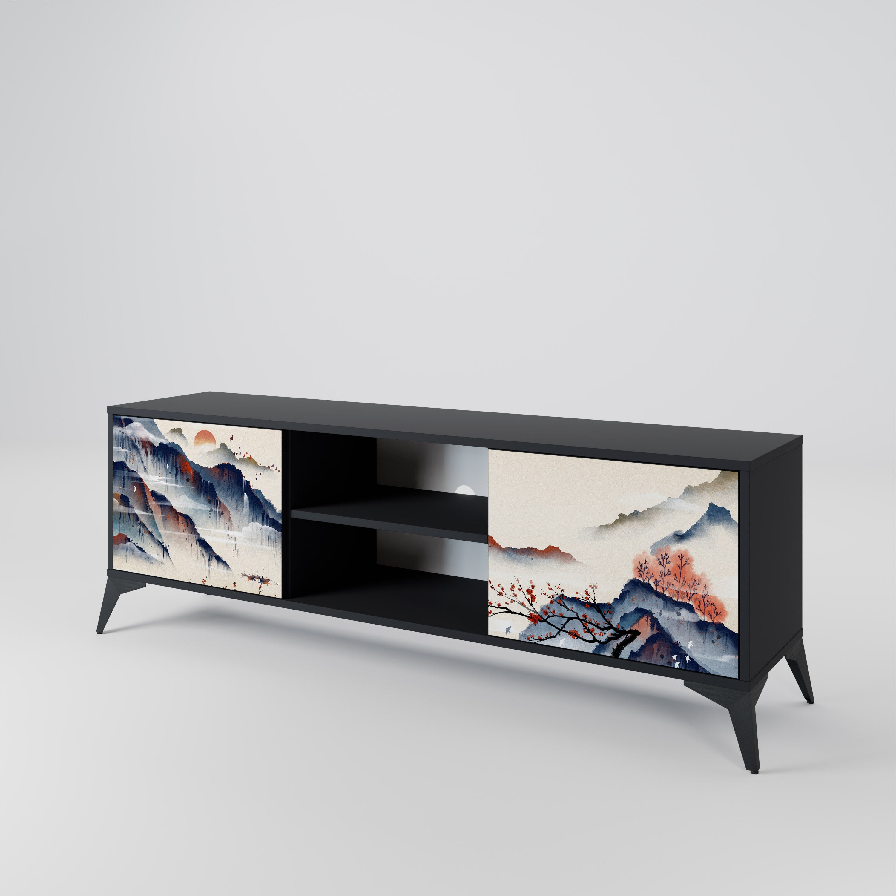 Mueble de TV de 2 puertas con diseño de paisaje japonés en acabado negro