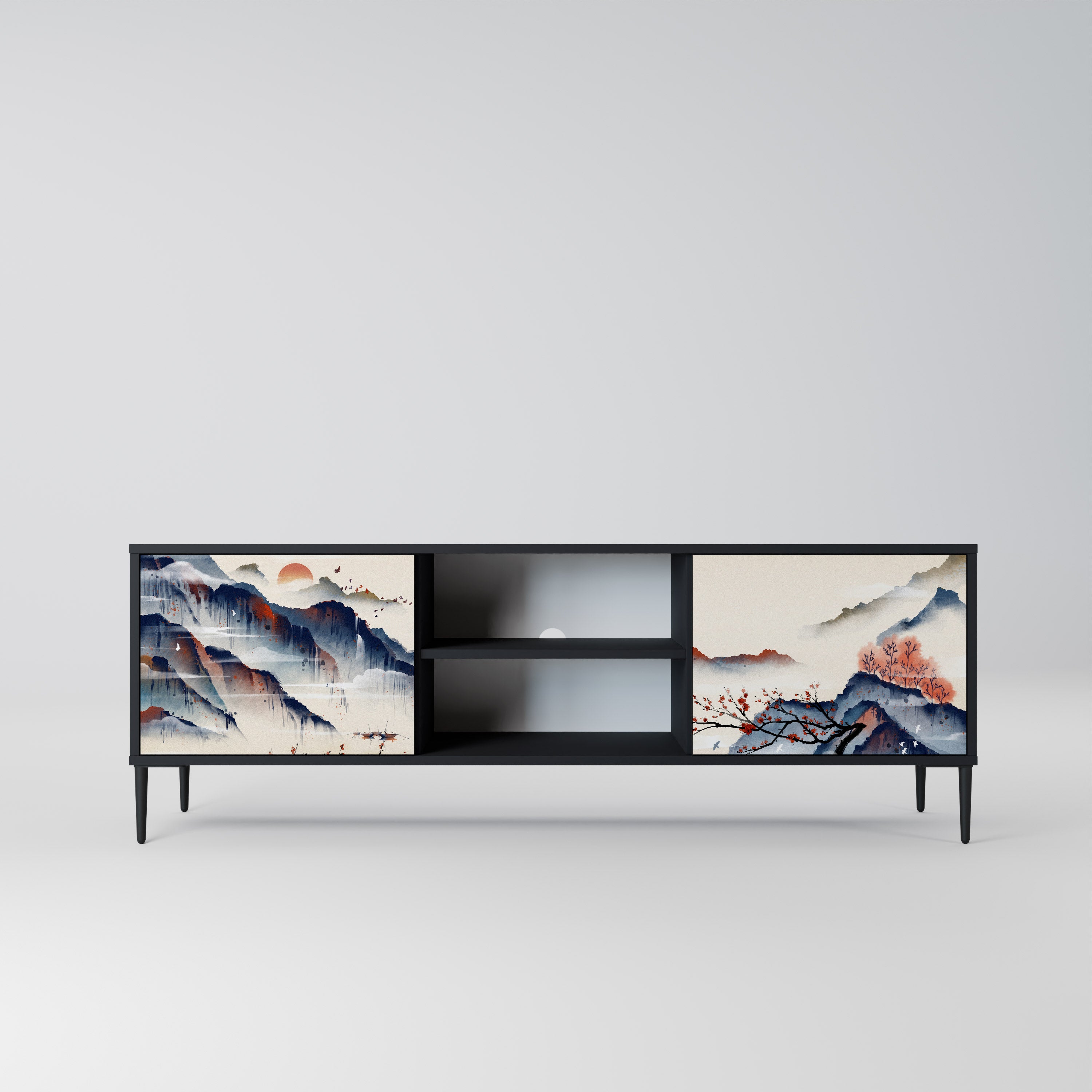 Mueble de TV de 2 puertas con diseño de paisaje japonés en acabado negro