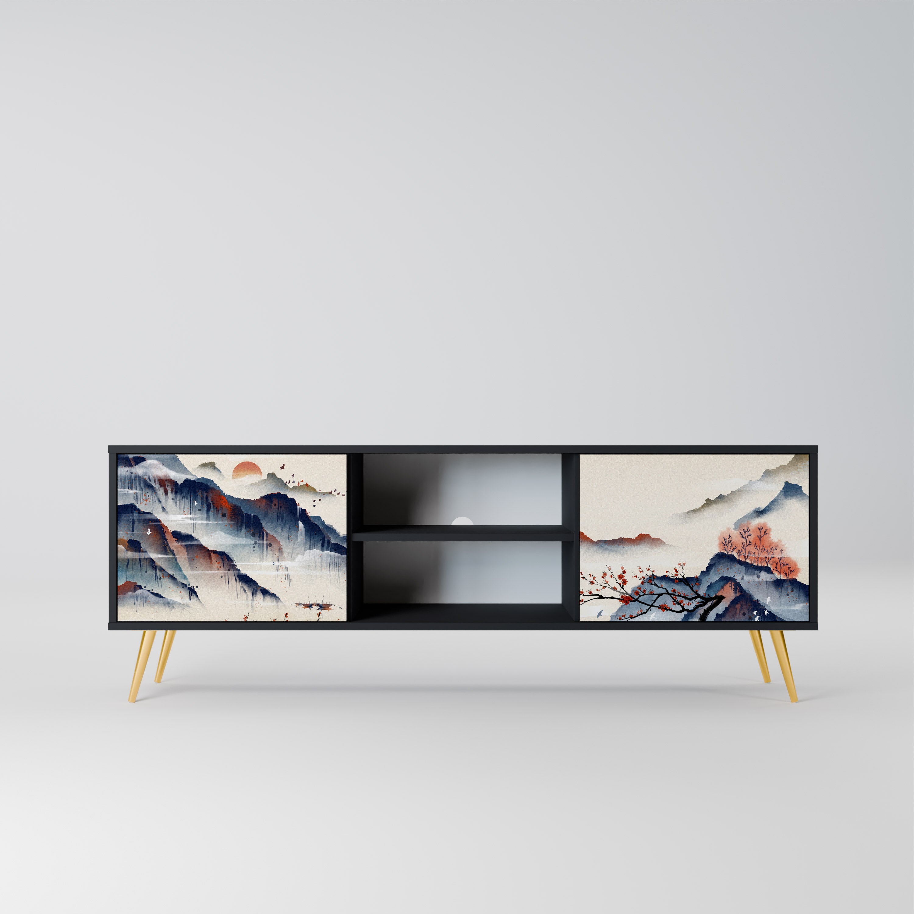 Mueble de TV de 2 puertas con diseño de paisaje japonés en acabado negro