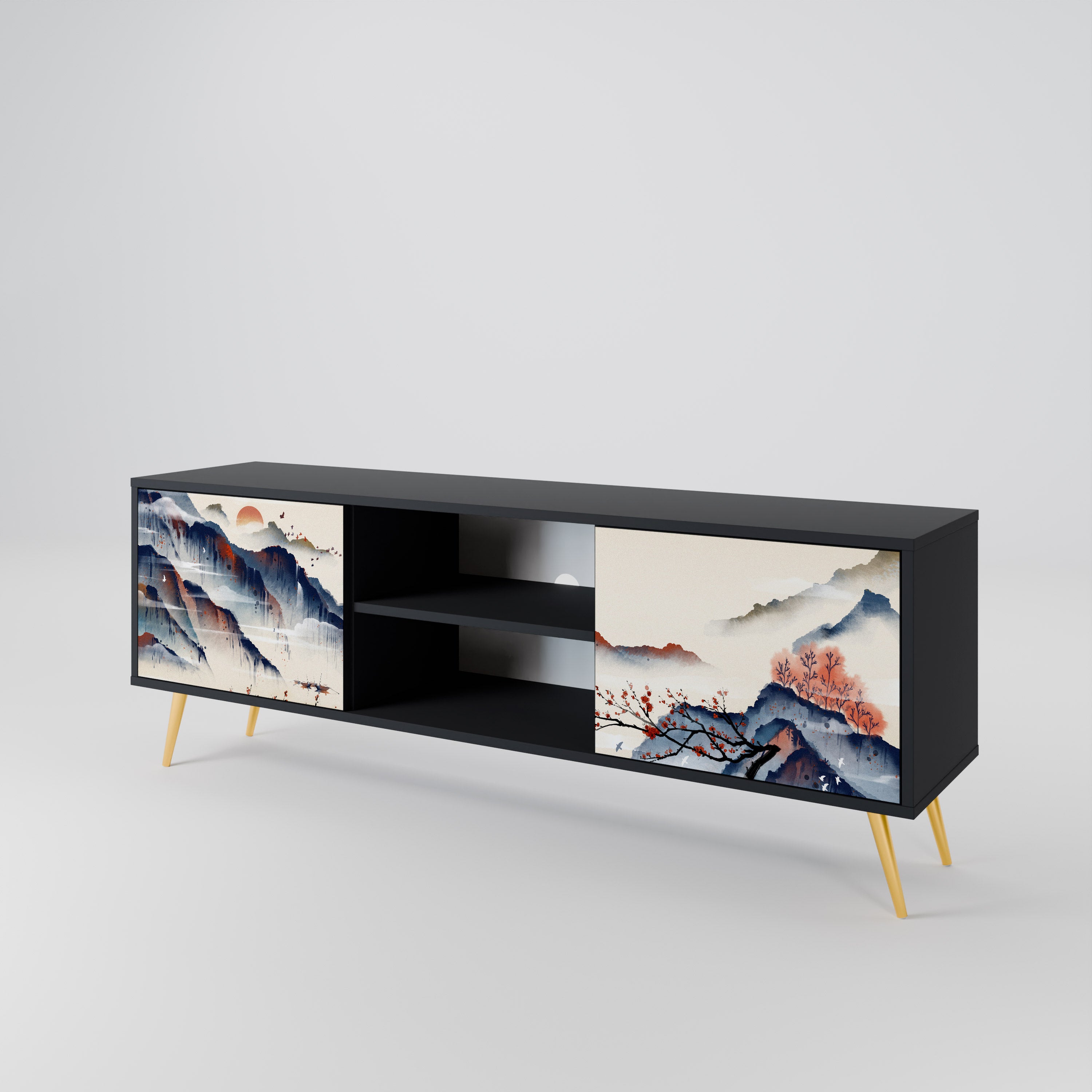 Mueble de TV de 2 puertas con diseño de paisaje japonés en acabado negro