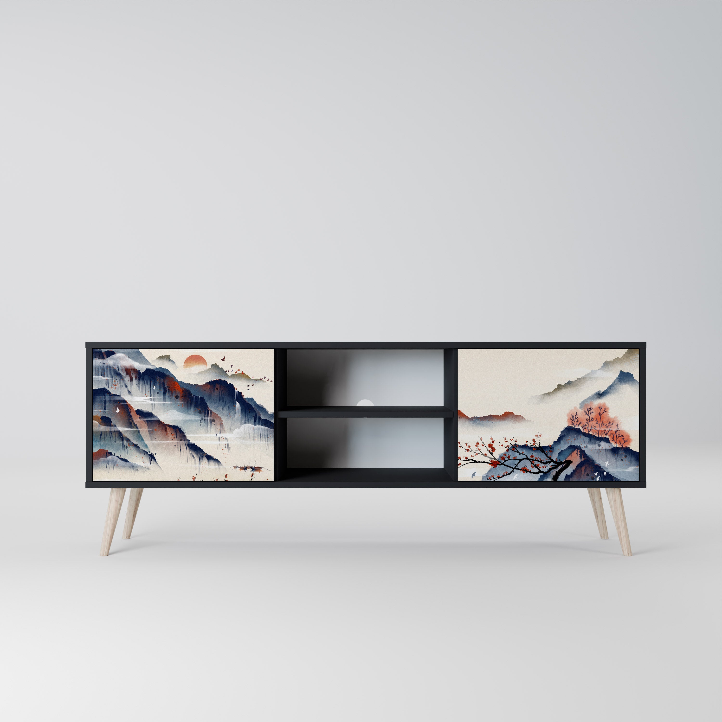 Mueble de TV de 2 puertas con diseño de paisaje japonés en acabado negro