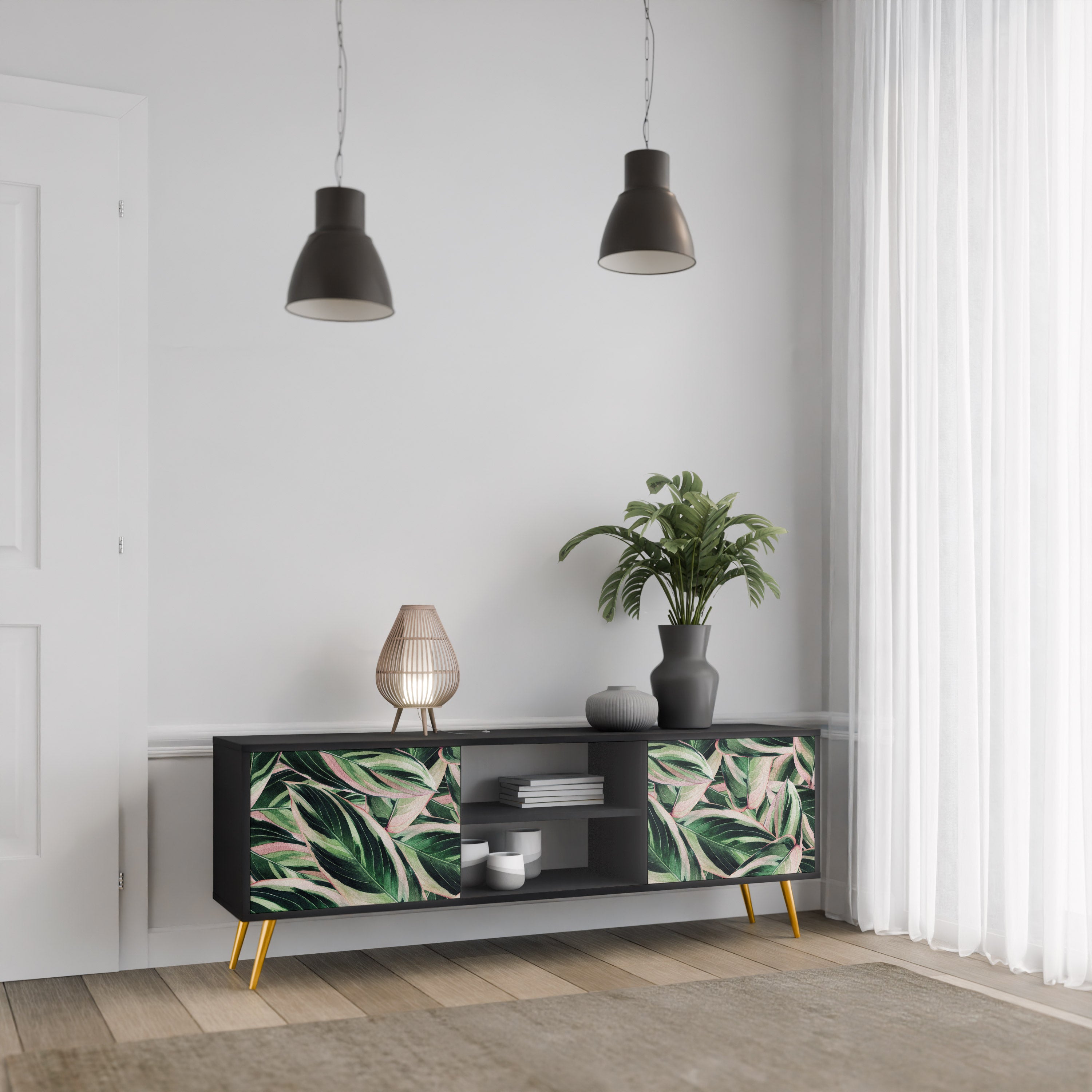 Mueble de TV de 2 puertas EERIE STROMANTHE con acabado negro