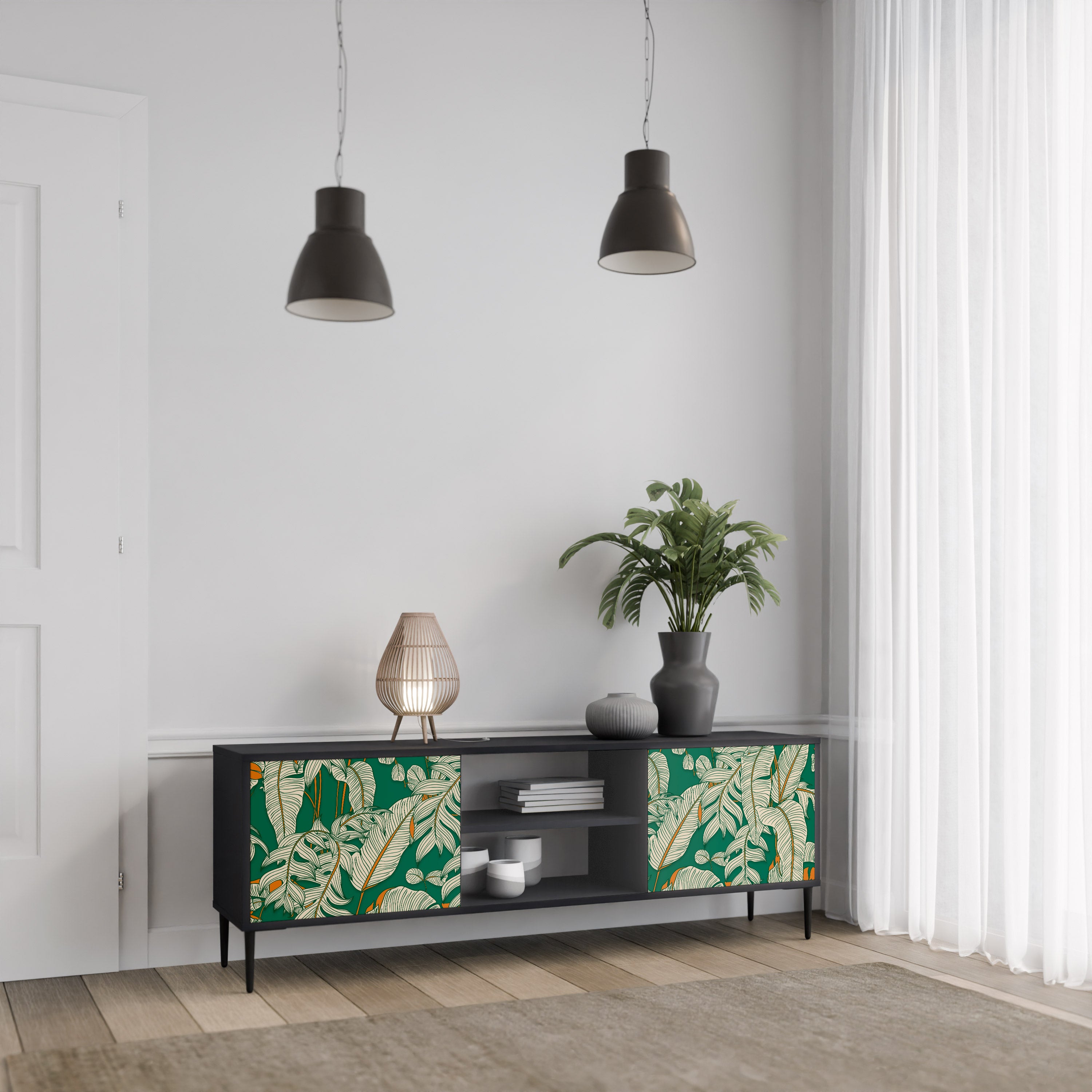 Mueble de TV de 2 puertas VERDANT PLEASURES con acabado negro
