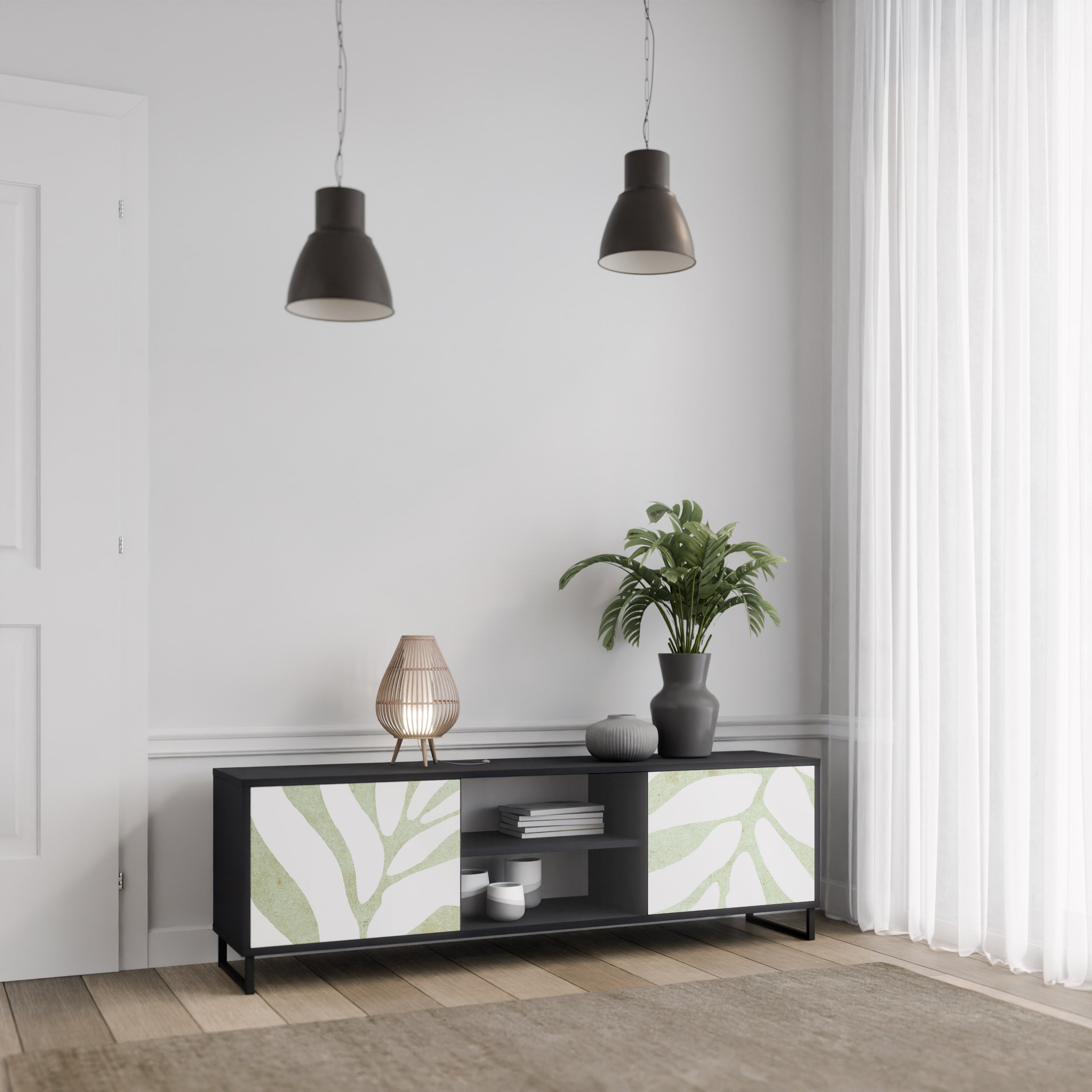 Mueble de TV de 2 puertas BOTANICAL SPARK con acabado negro