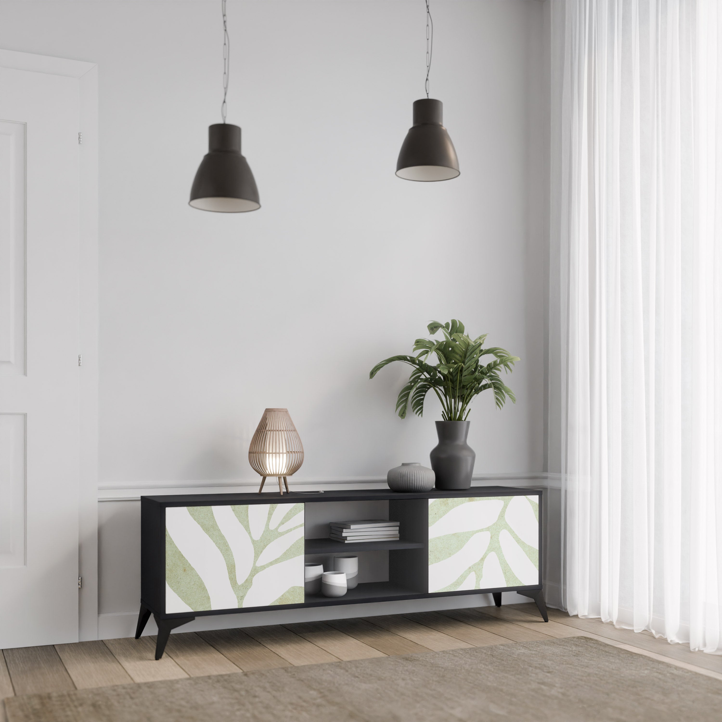 Mueble de TV de 2 puertas BOTANICAL SPARK con acabado negro