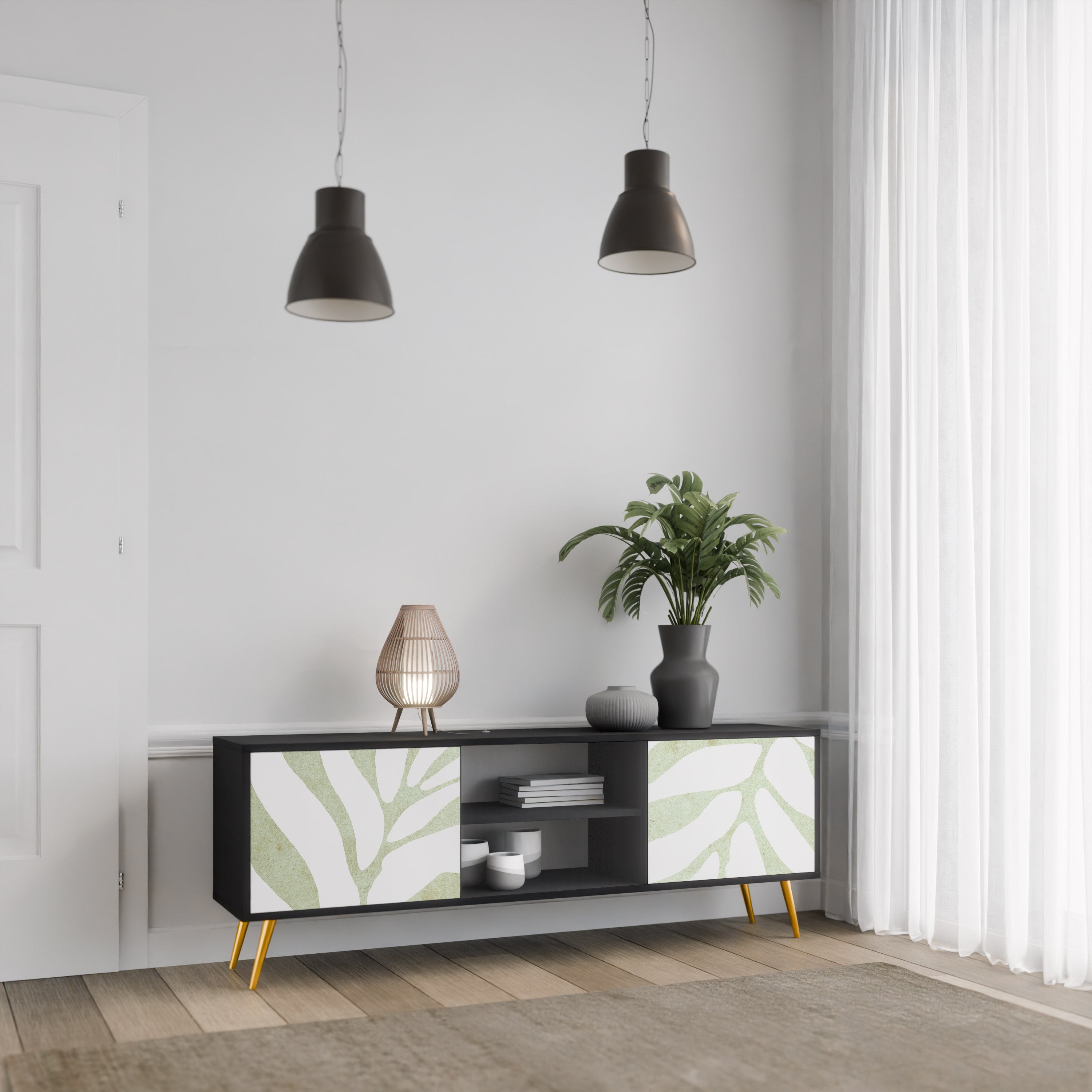 Mueble de TV de 2 puertas BOTANICAL SPARK con acabado negro