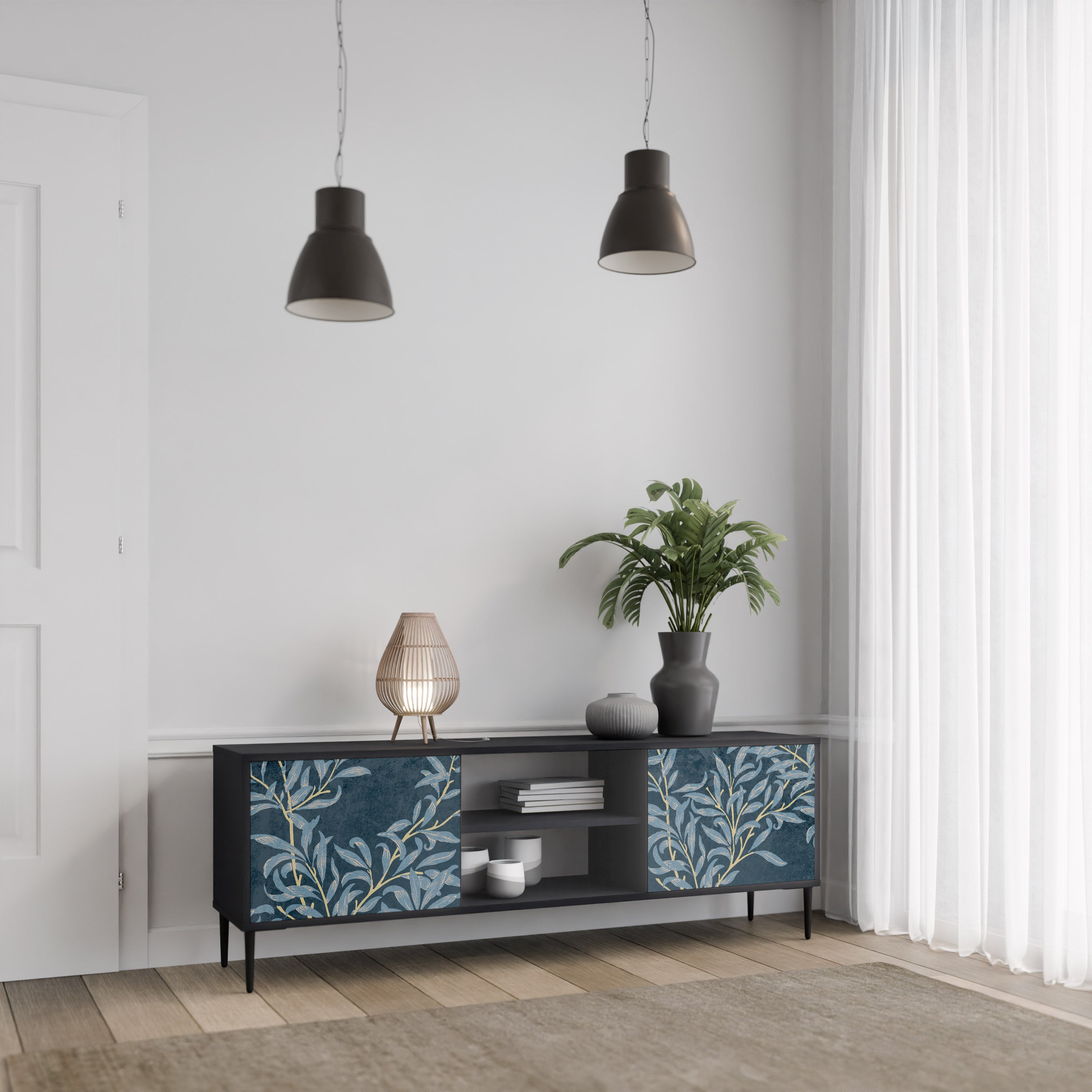 Mueble de TV de 2 puertas BLUE LEAVES con acabado negro