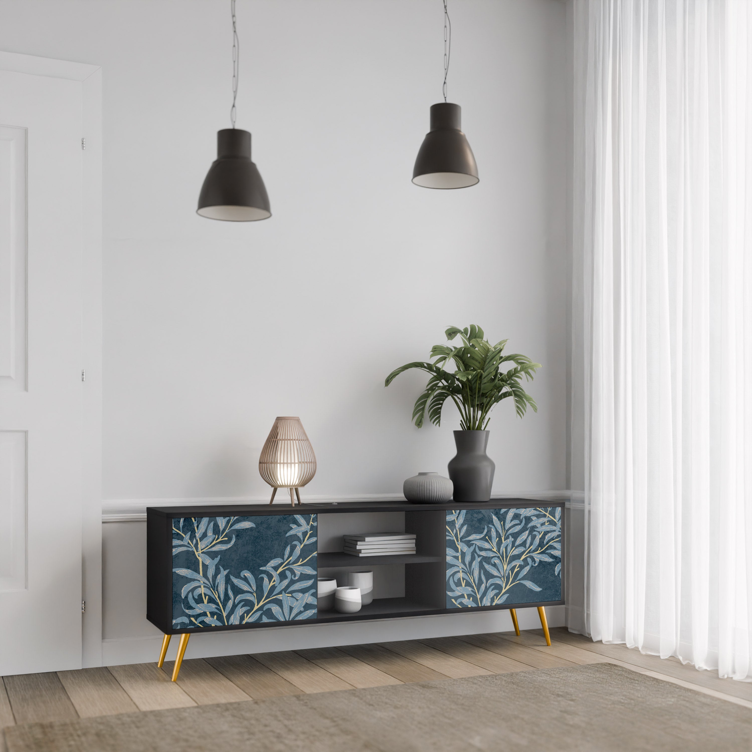 Mueble de TV de 2 puertas BLUE LEAVES con acabado negro