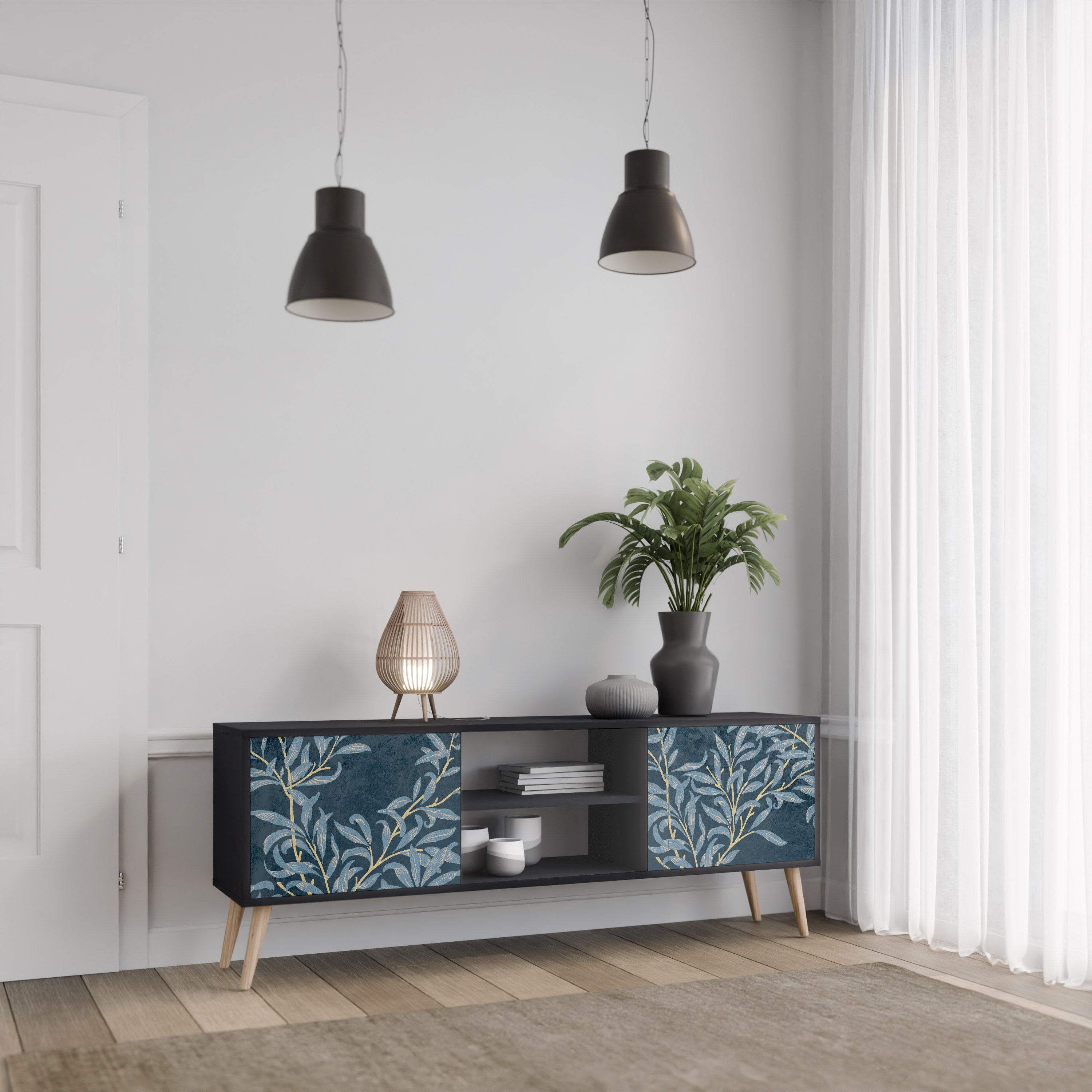 Mueble de TV de 2 puertas BLUE LEAVES con acabado negro