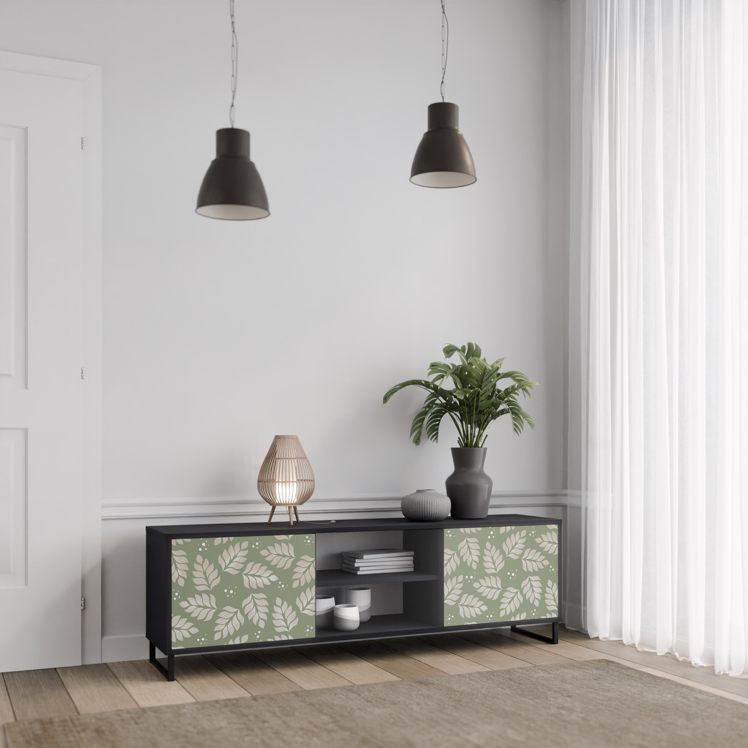 Mueble de TV de 2 puertas LEAVES ON GREEN con acabado negro