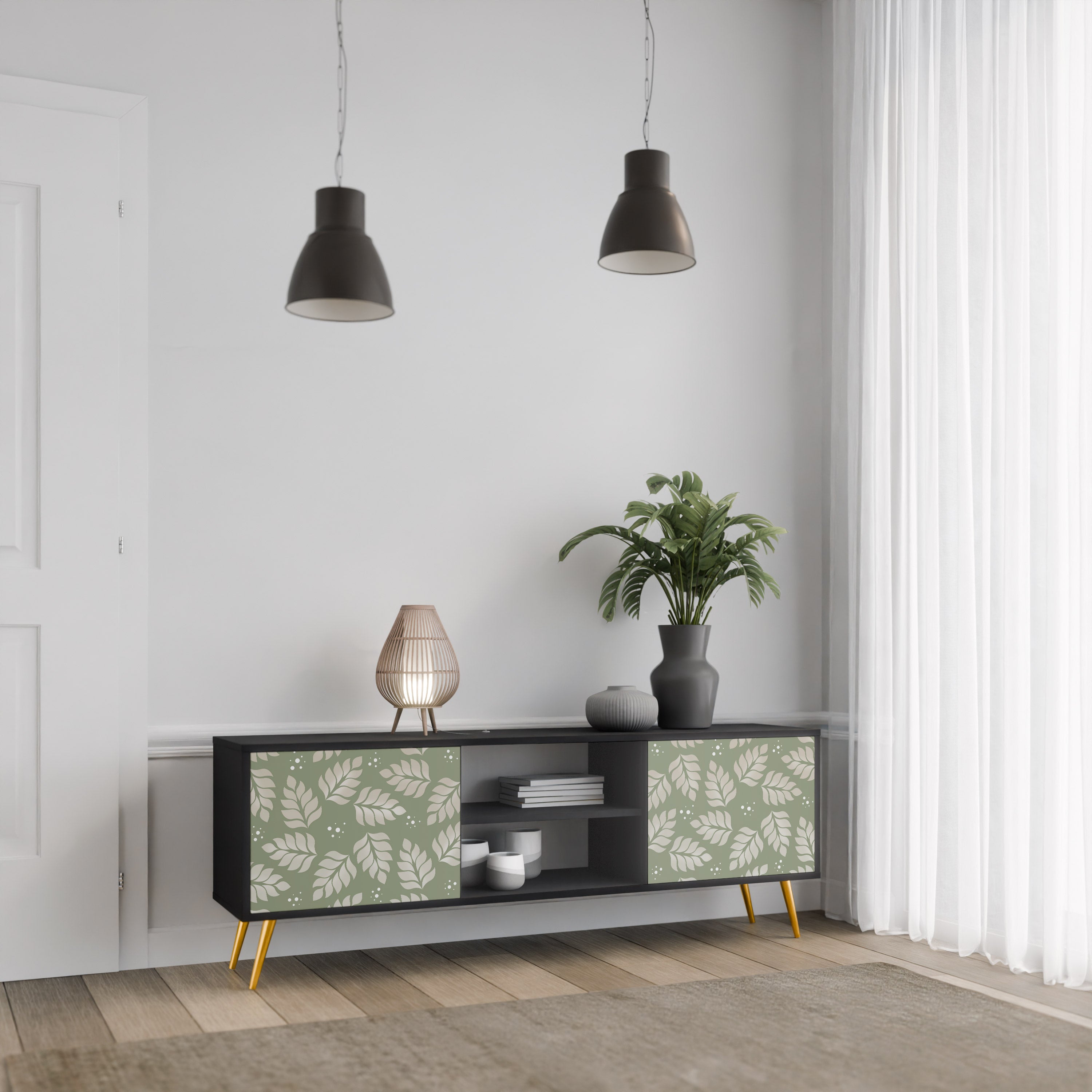 Mueble de TV de 2 puertas LEAVES ON GREEN con acabado negro
