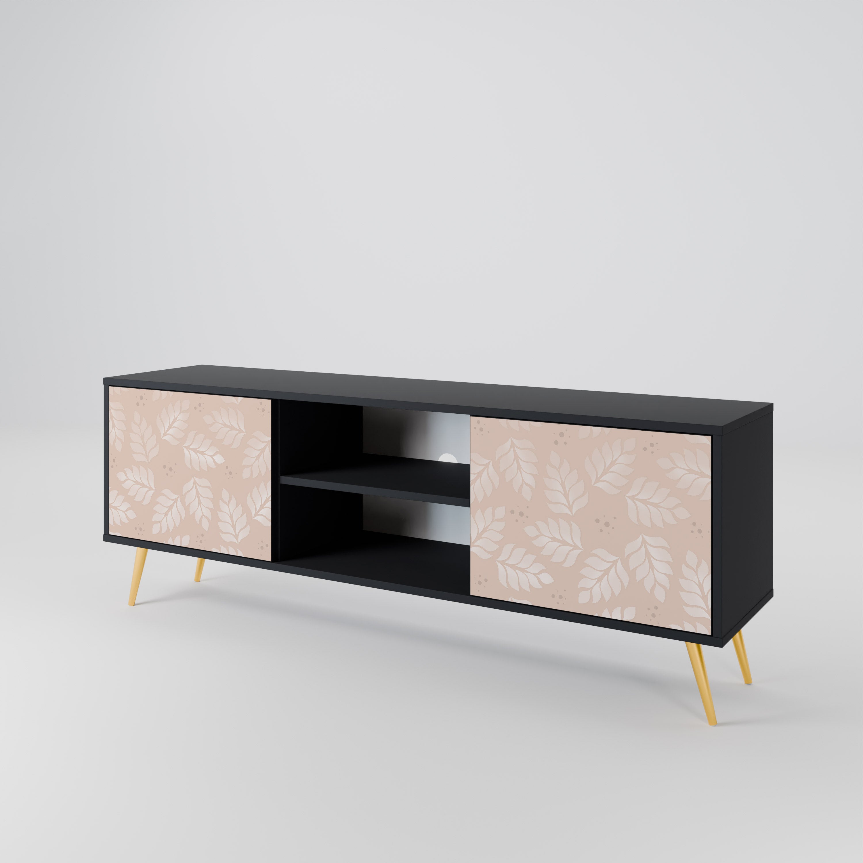 Mueble de TV de 2 puertas LEAVES ON BEIGE con acabado negro