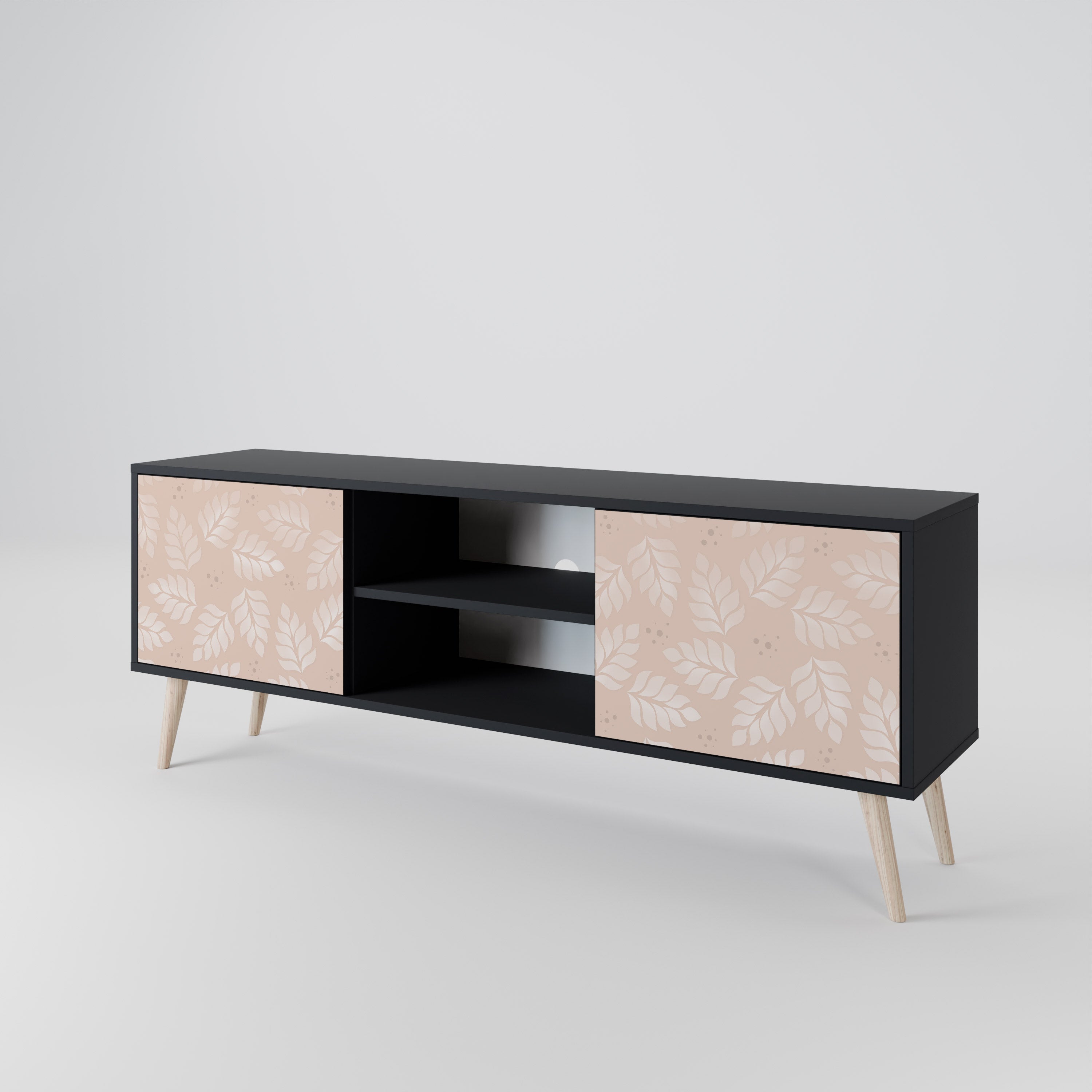 Mueble de TV de 2 puertas LEAVES ON BEIGE con acabado negro