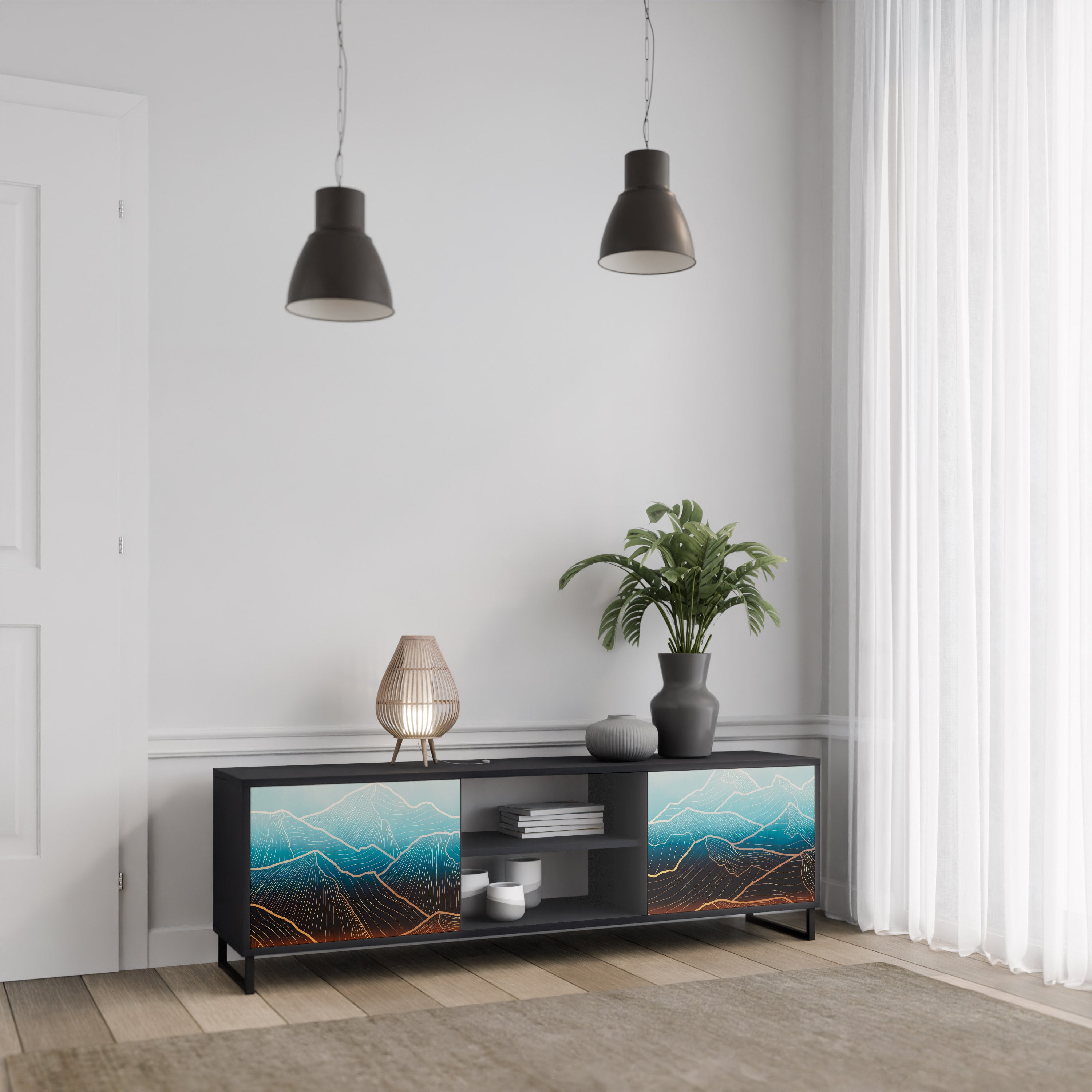 Mueble de TV de 2 puertas LUNAR SECRETS en acabado negro