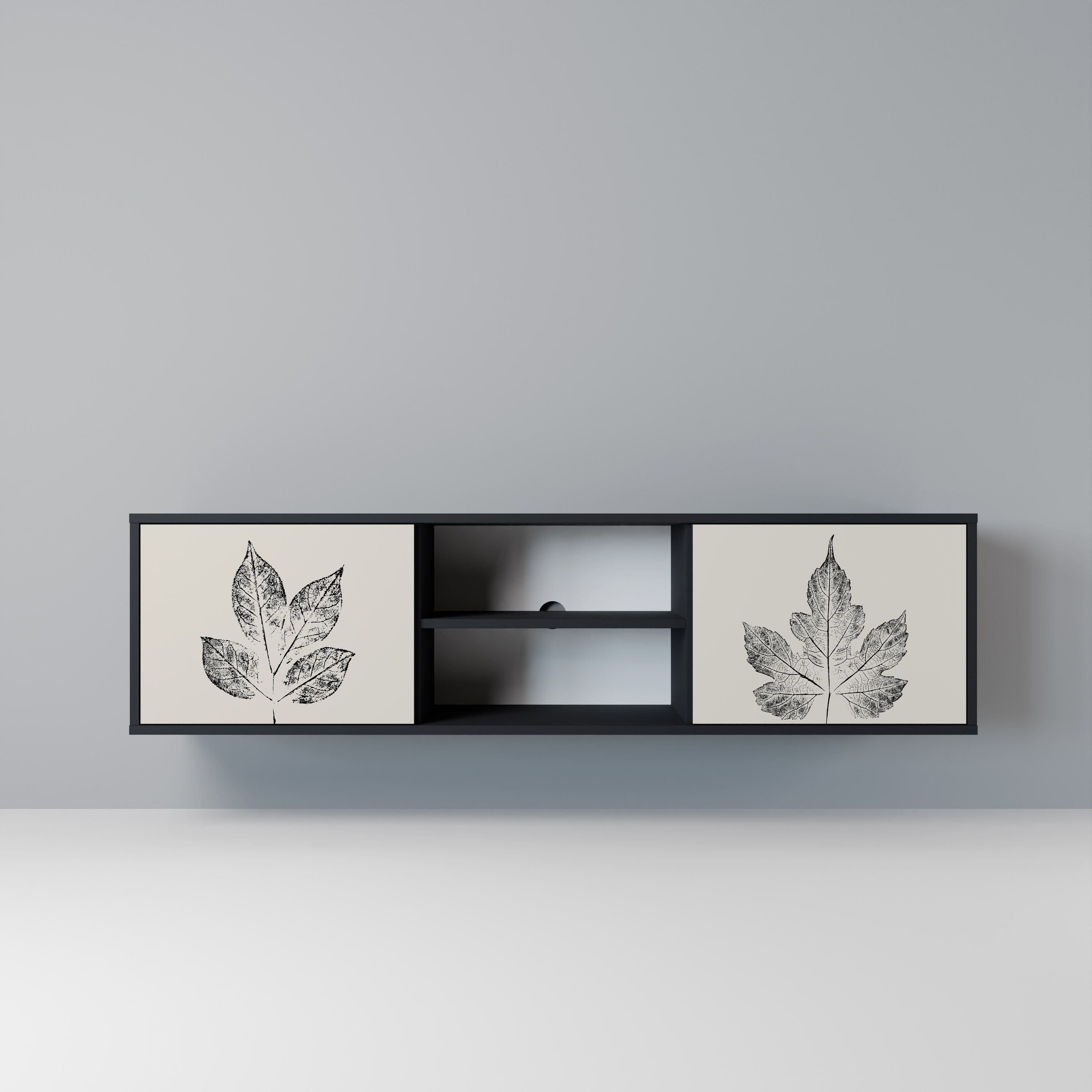 Mueble de TV de 2 puertas LEAFY STAMPS con acabado negro