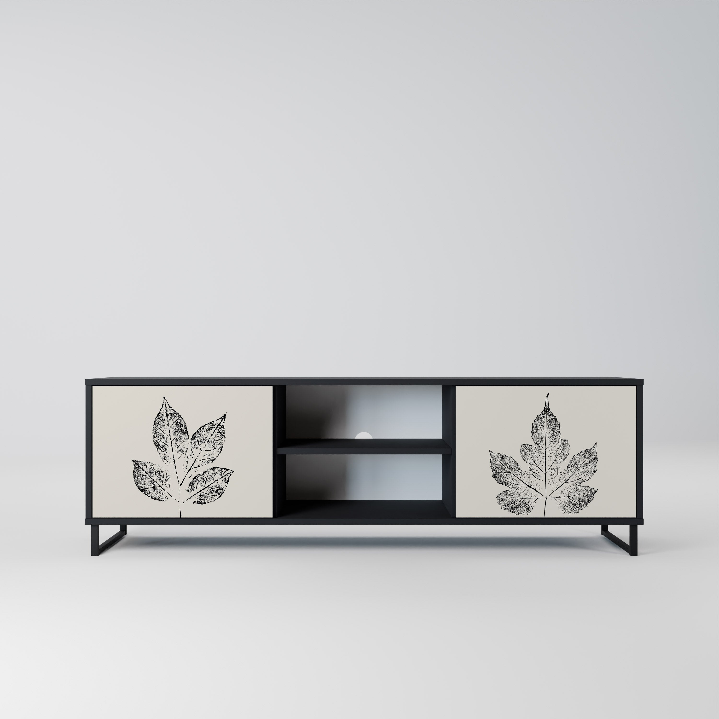 Mueble de TV de 2 puertas LEAFY STAMPS con acabado negro