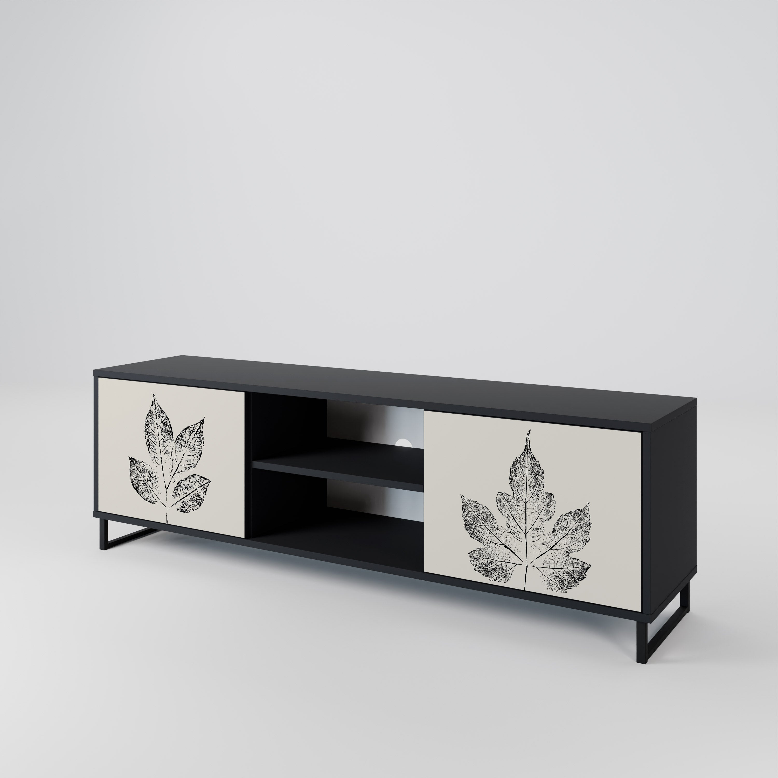 Mueble de TV de 2 puertas LEAFY STAMPS con acabado negro