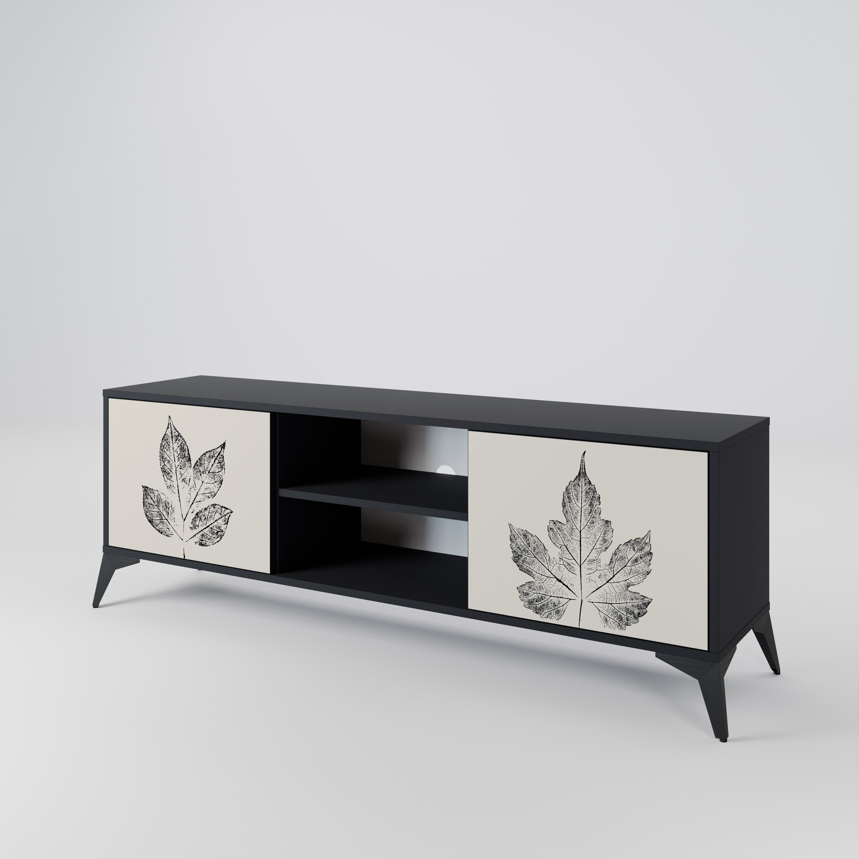 Mueble de TV de 2 puertas LEAFY STAMPS con acabado negro