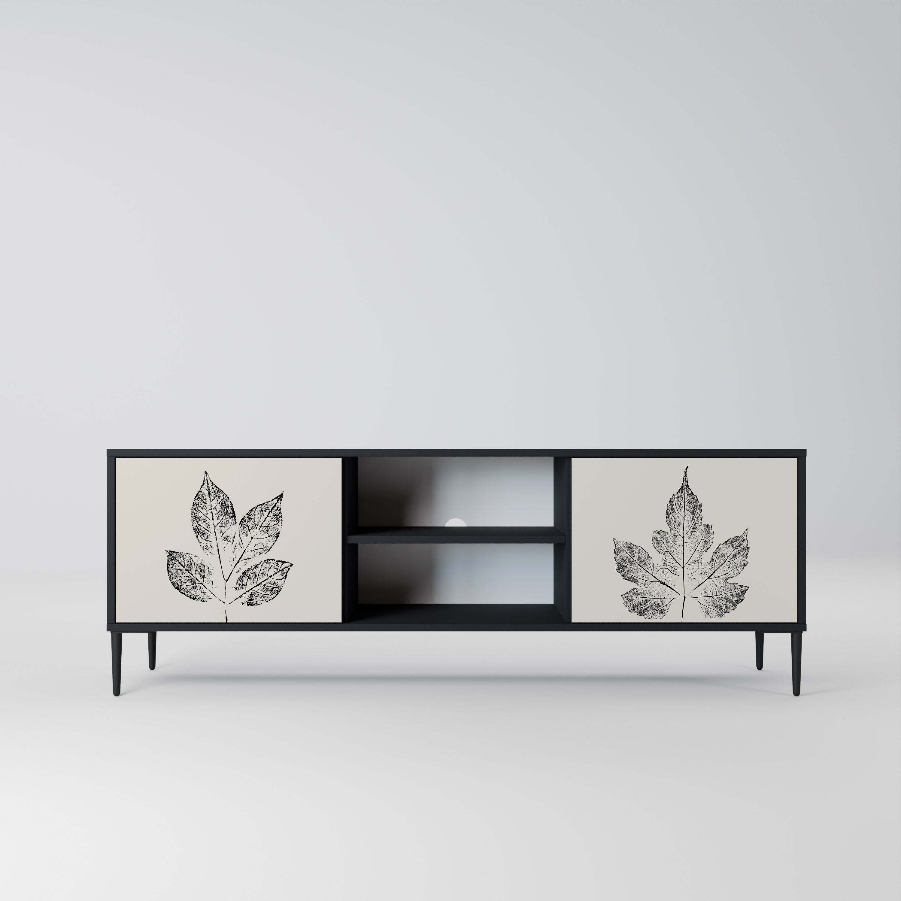 Mueble de TV de 2 puertas LEAFY STAMPS con acabado negro
