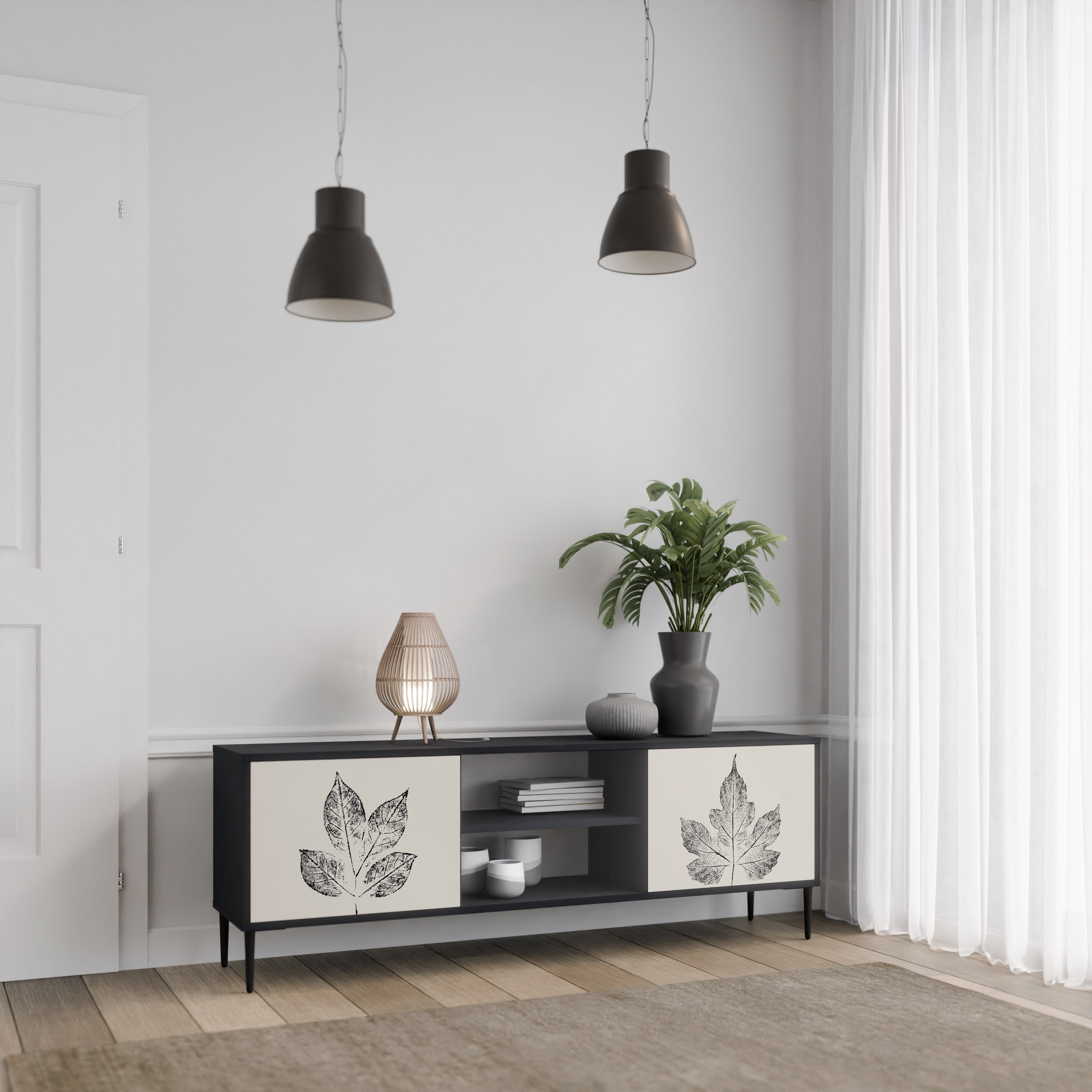Mueble de TV de 2 puertas LEAFY STAMPS con acabado negro