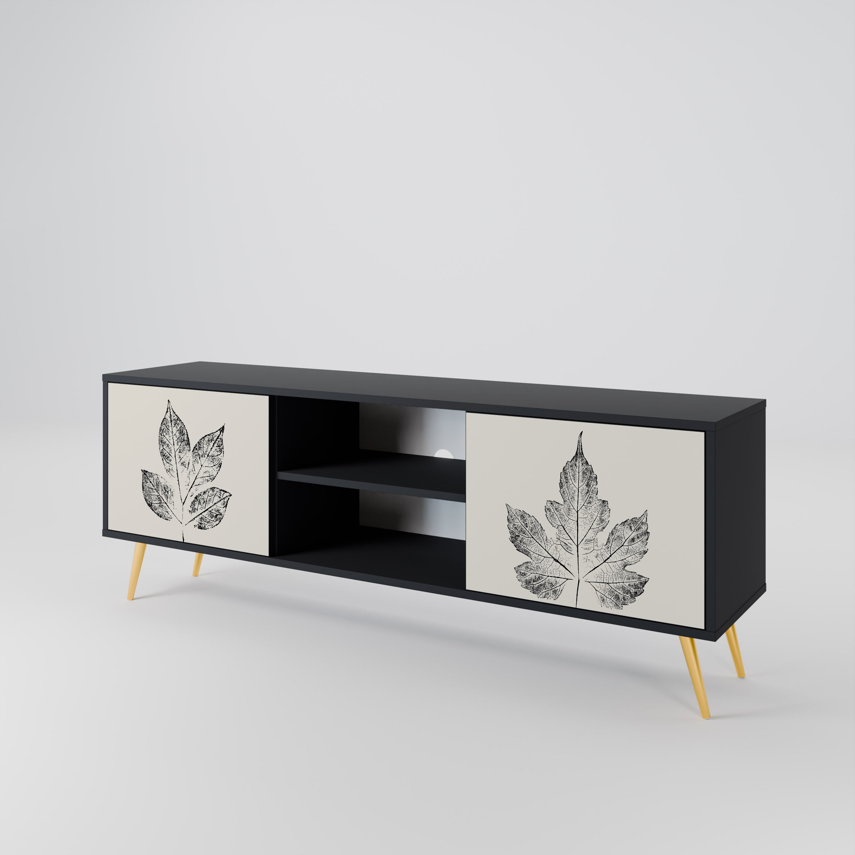 Mueble de TV de 2 puertas LEAFY STAMPS con acabado negro