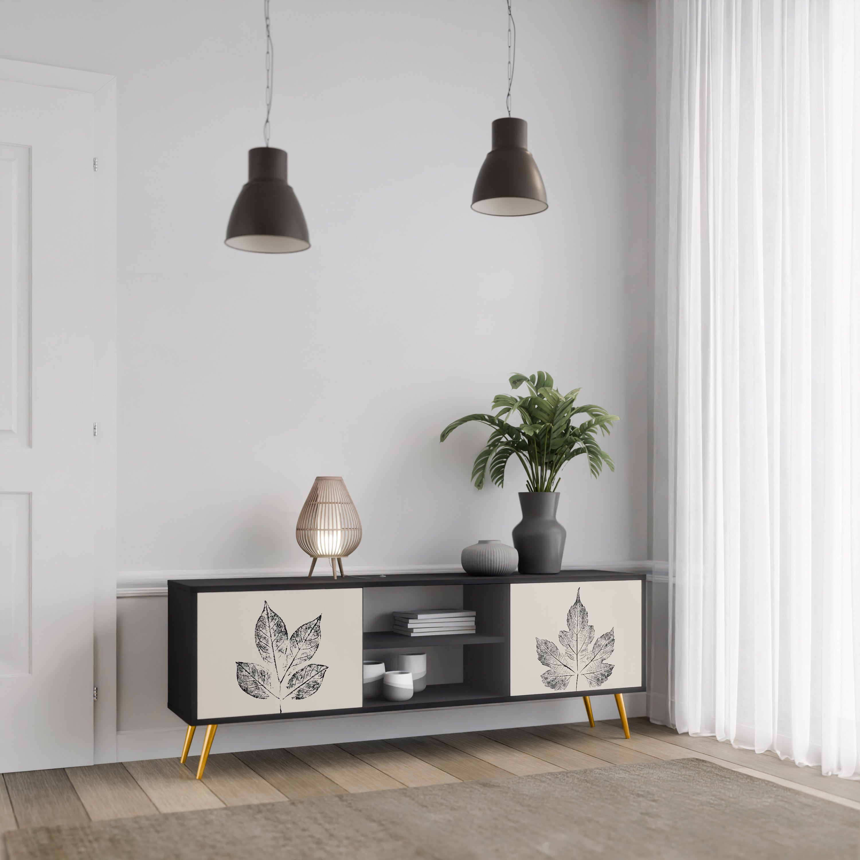 Mueble de TV de 2 puertas LEAFY STAMPS con acabado negro