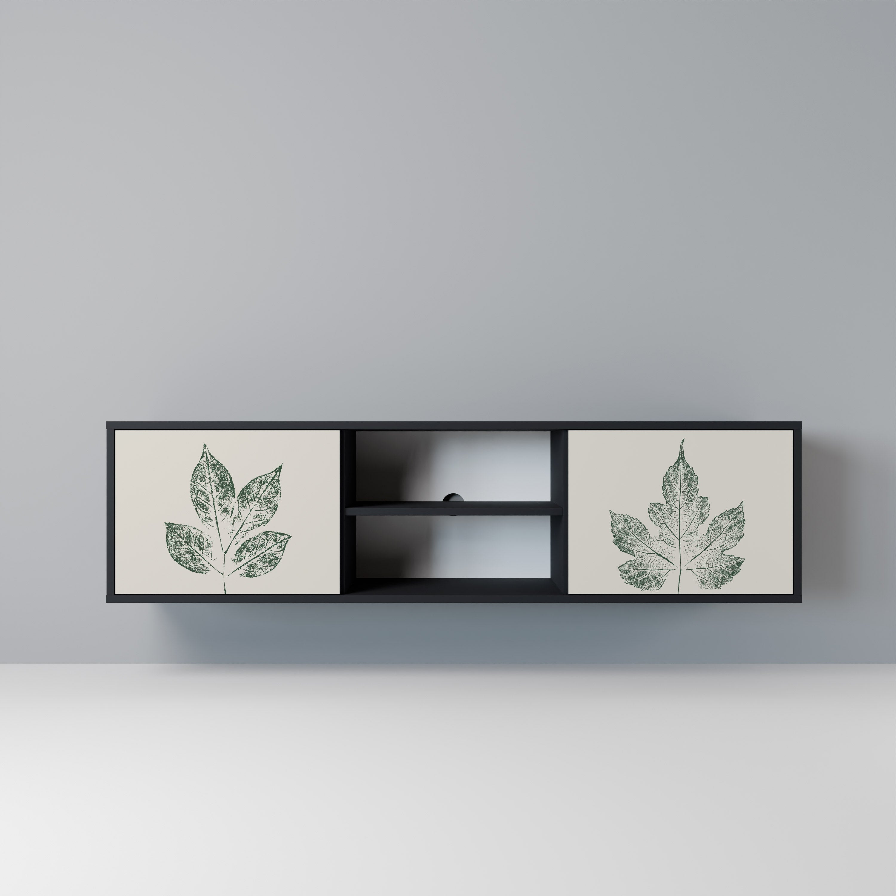 Mueble de TV de 2 puertas con acabado negro GREEN LEAFY STAMPS