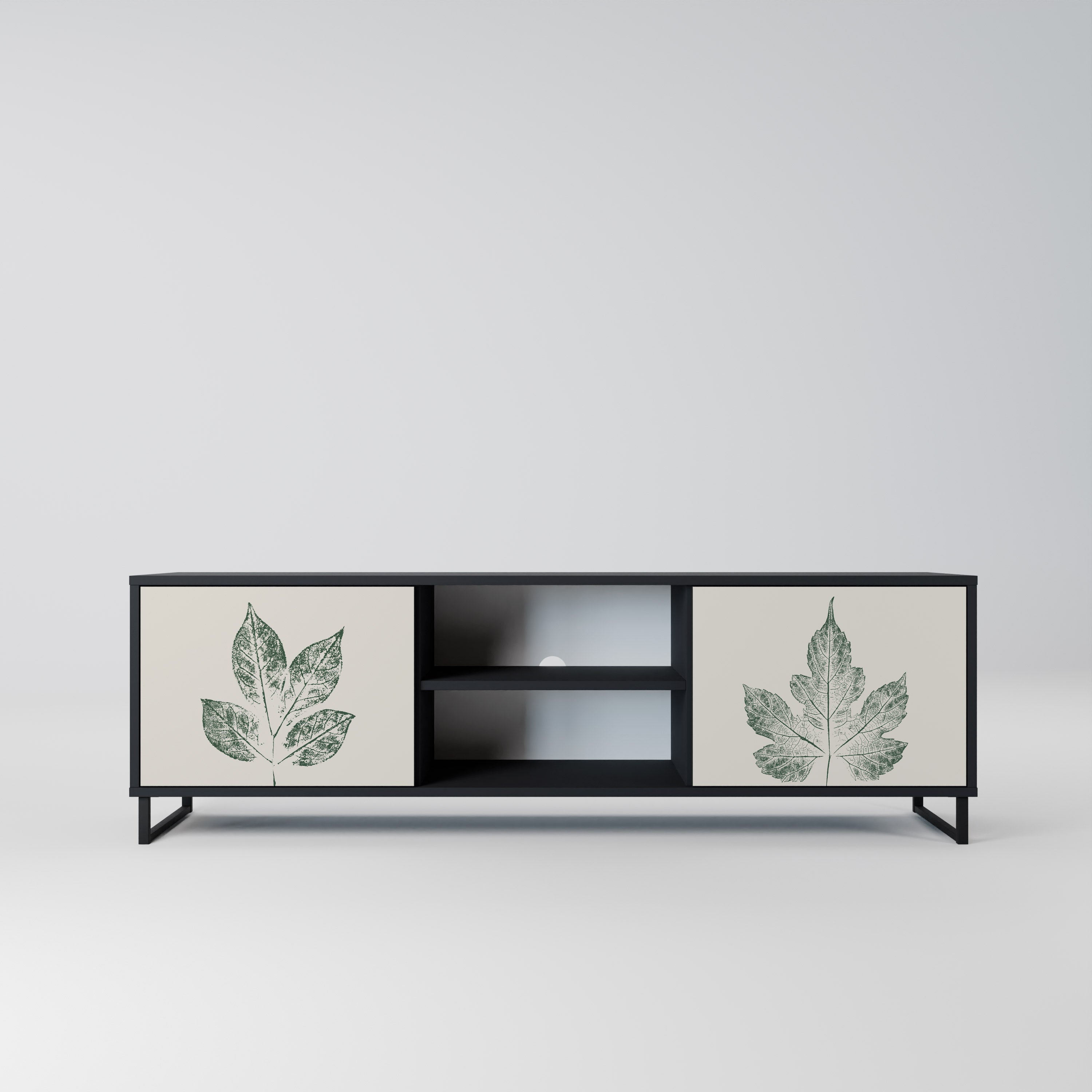 Mueble de TV de 2 puertas con acabado negro GREEN LEAFY STAMPS