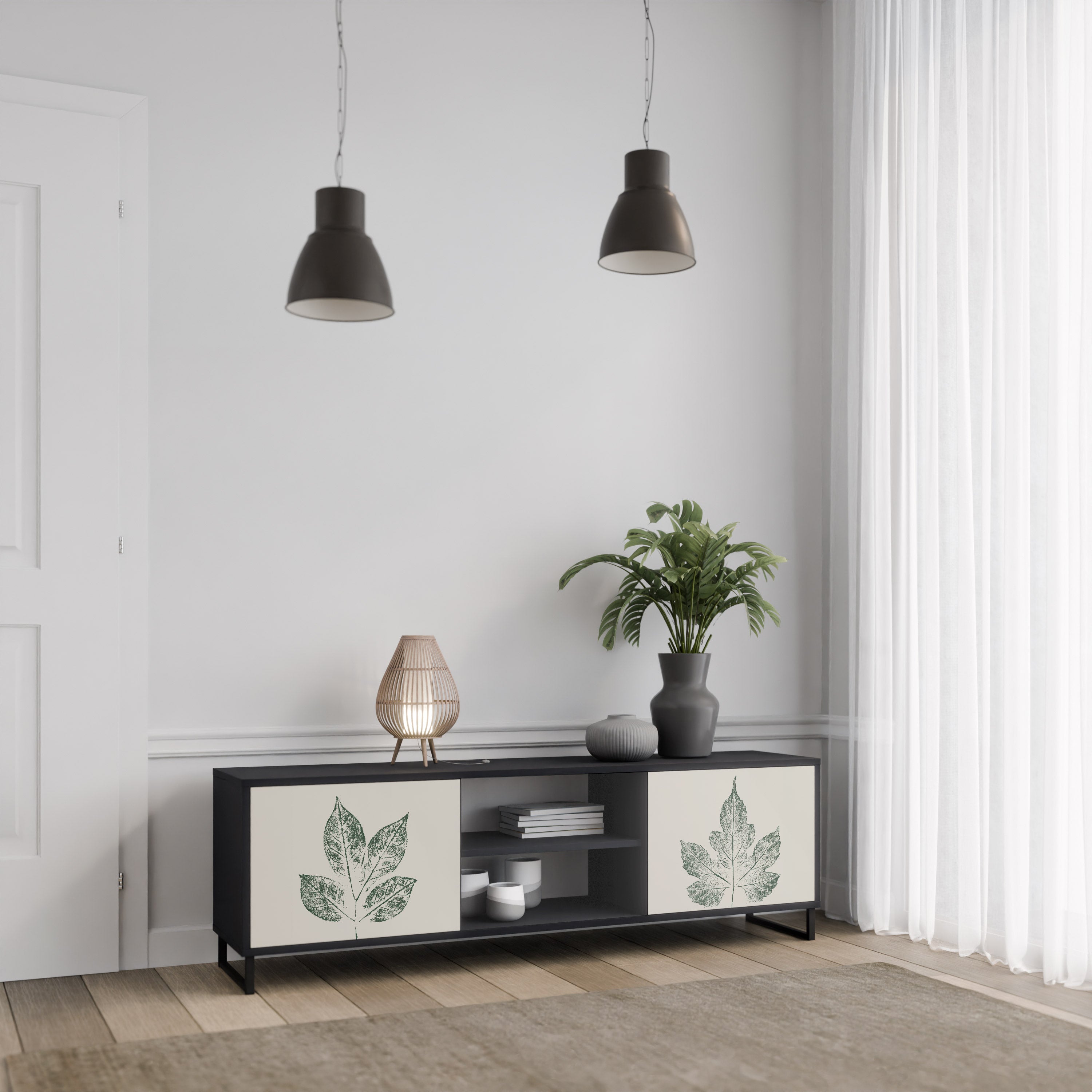 Mueble de TV de 2 puertas con acabado negro GREEN LEAFY STAMPS