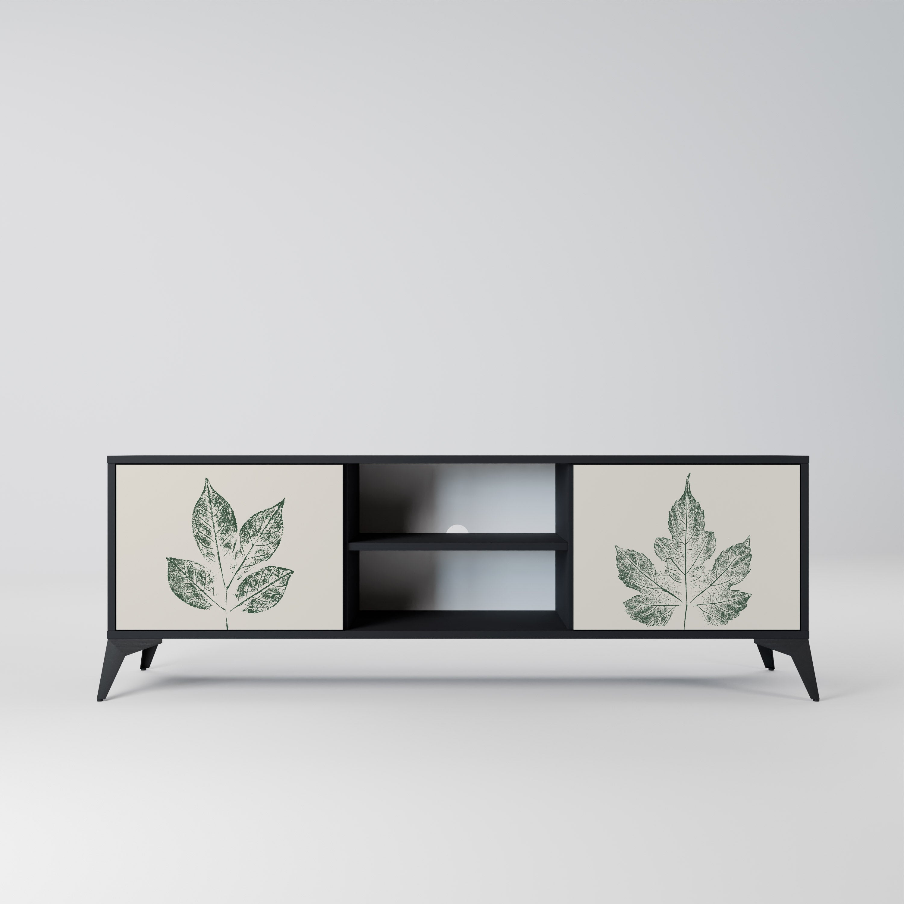 Mueble de TV de 2 puertas con acabado negro GREEN LEAFY STAMPS