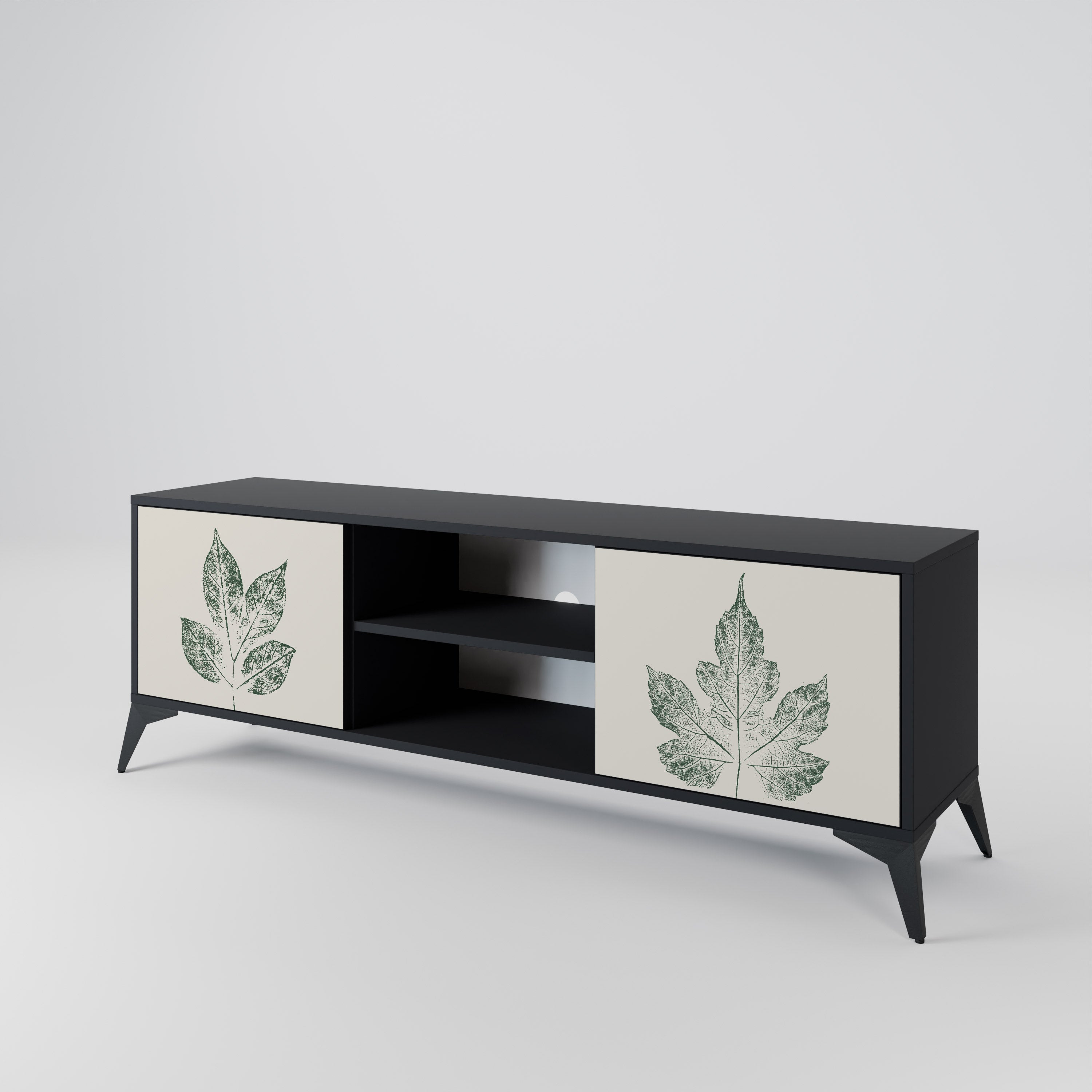 Mueble de TV de 2 puertas con acabado negro GREEN LEAFY STAMPS