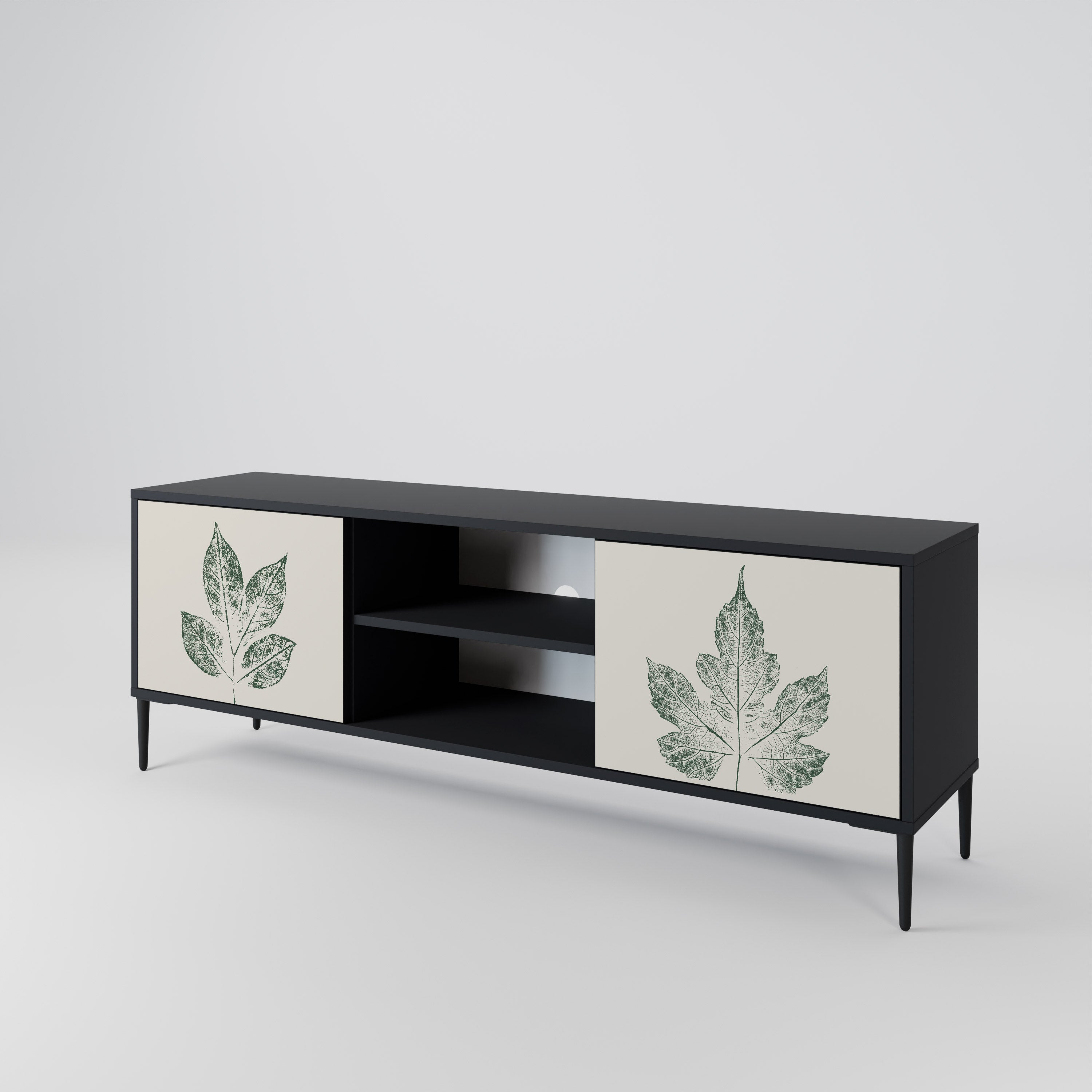 Mueble de TV de 2 puertas con acabado negro GREEN LEAFY STAMPS