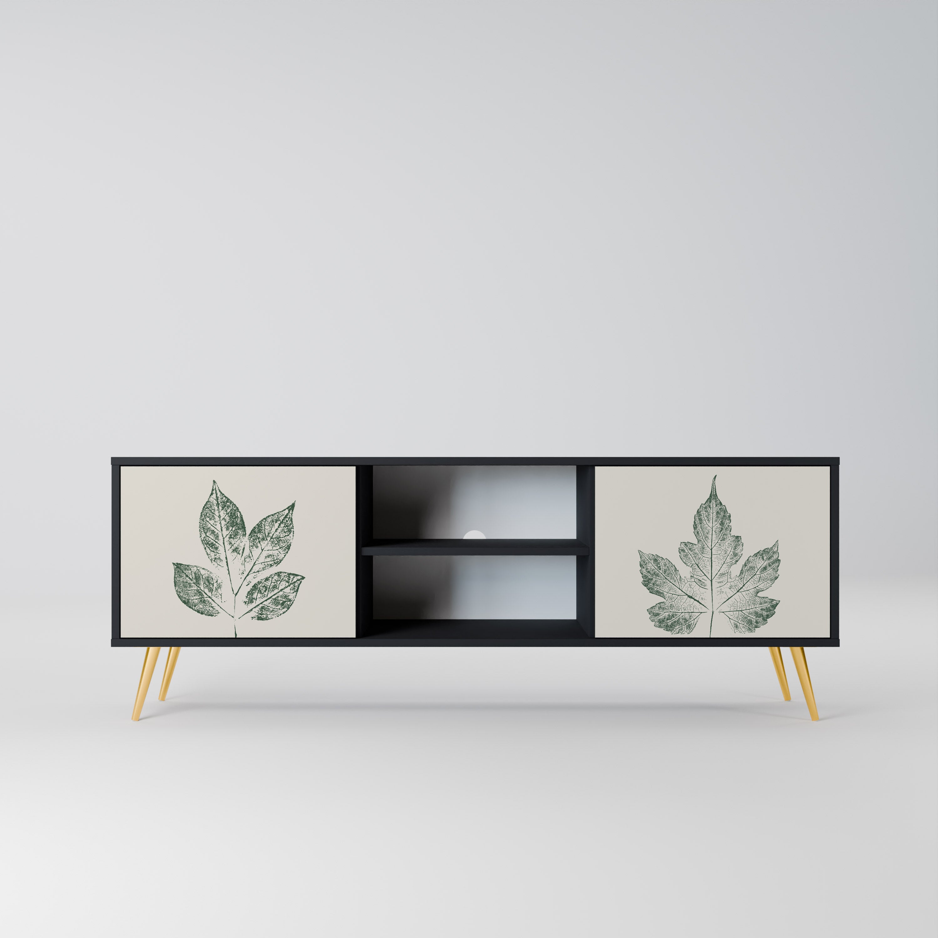 Mueble de TV de 2 puertas con acabado negro GREEN LEAFY STAMPS