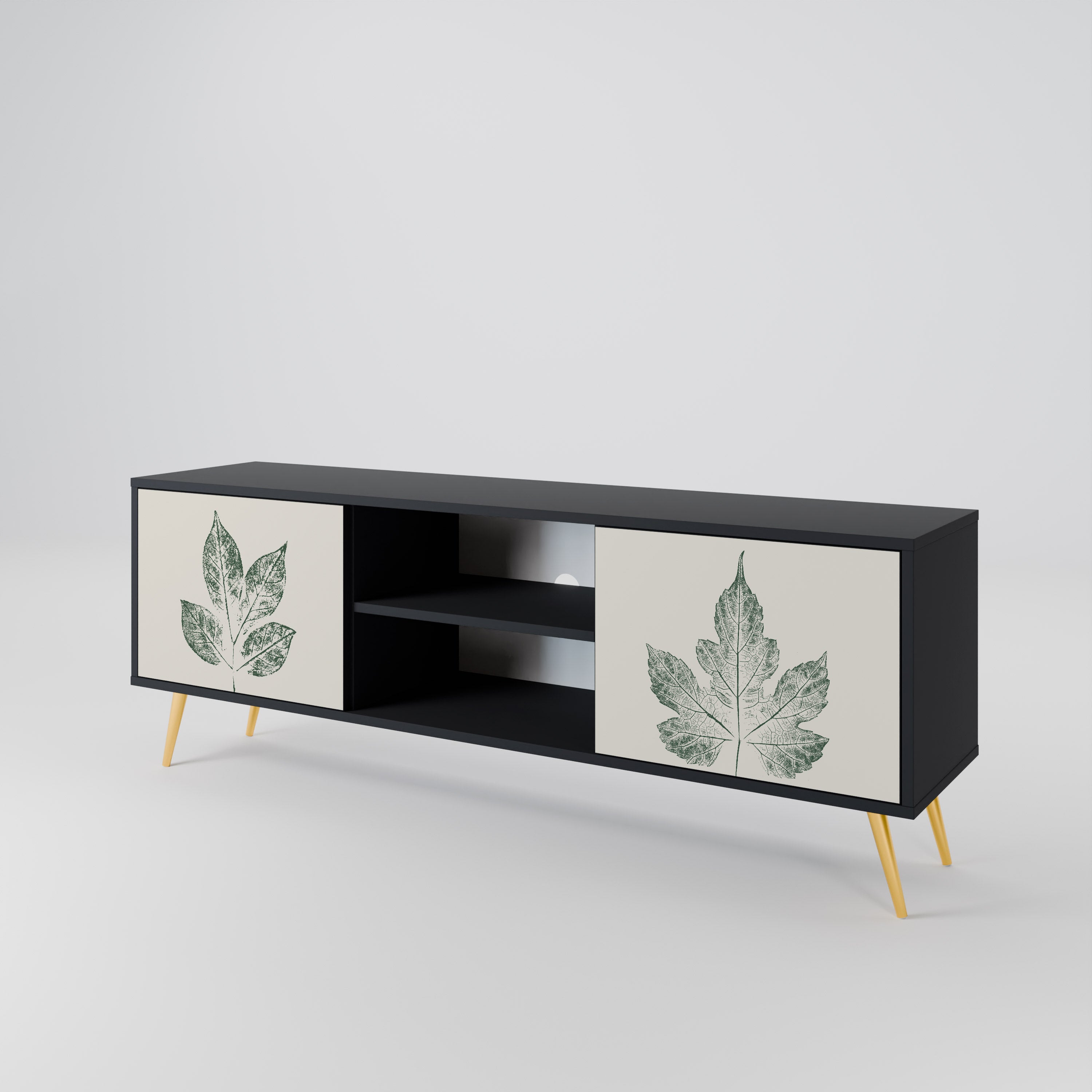 Mueble de TV de 2 puertas con acabado negro GREEN LEAFY STAMPS