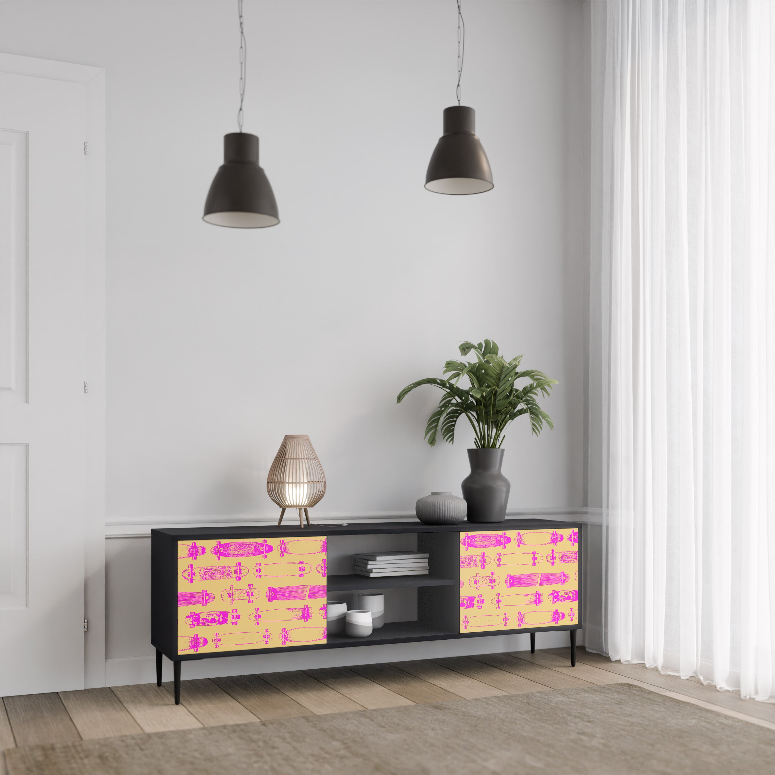 Mueble de TV de 2 puertas SKATEBOARD ARTISTRY con acabado negro