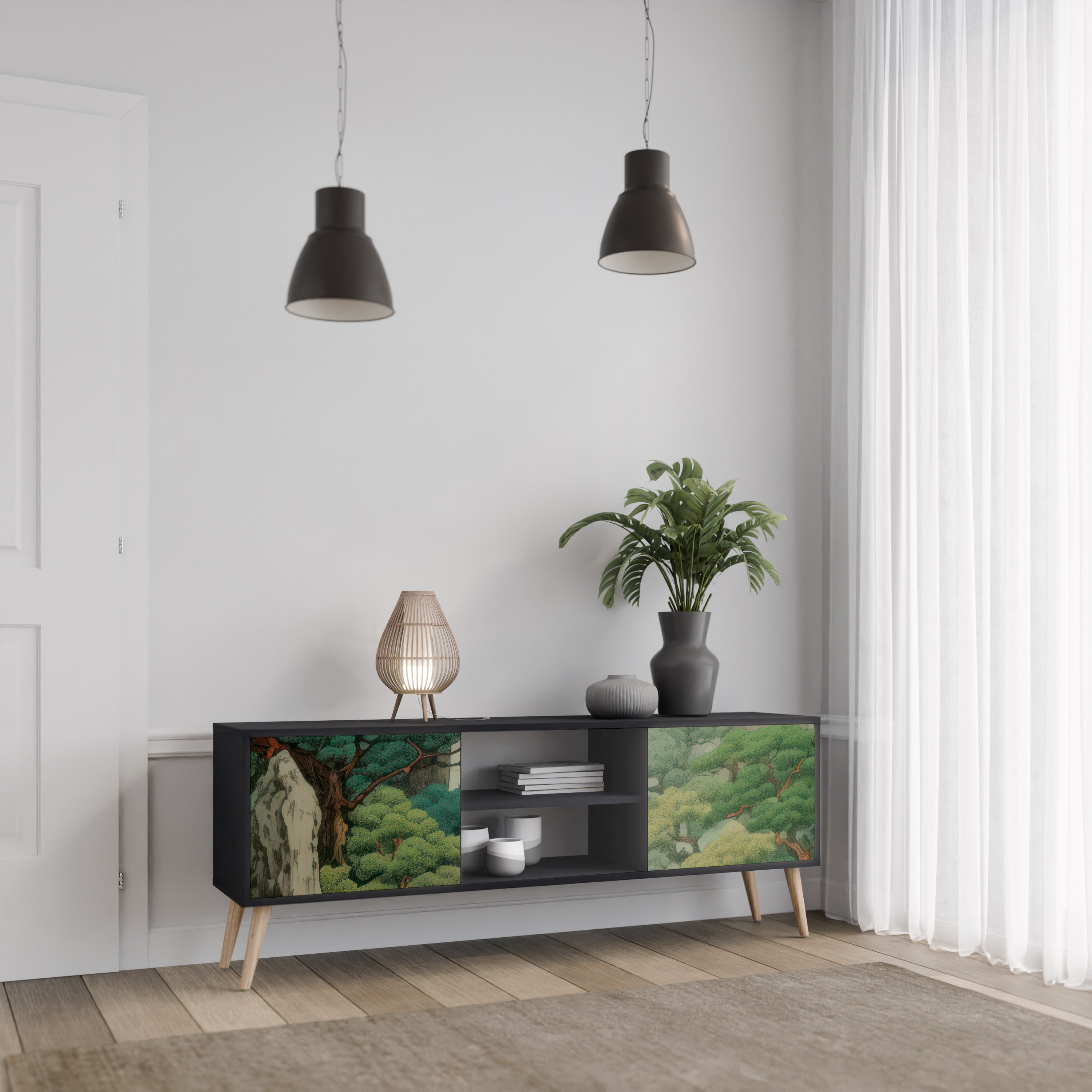 Mueble de TV de 2 puertas VERDURE ABYSS con acabado negro