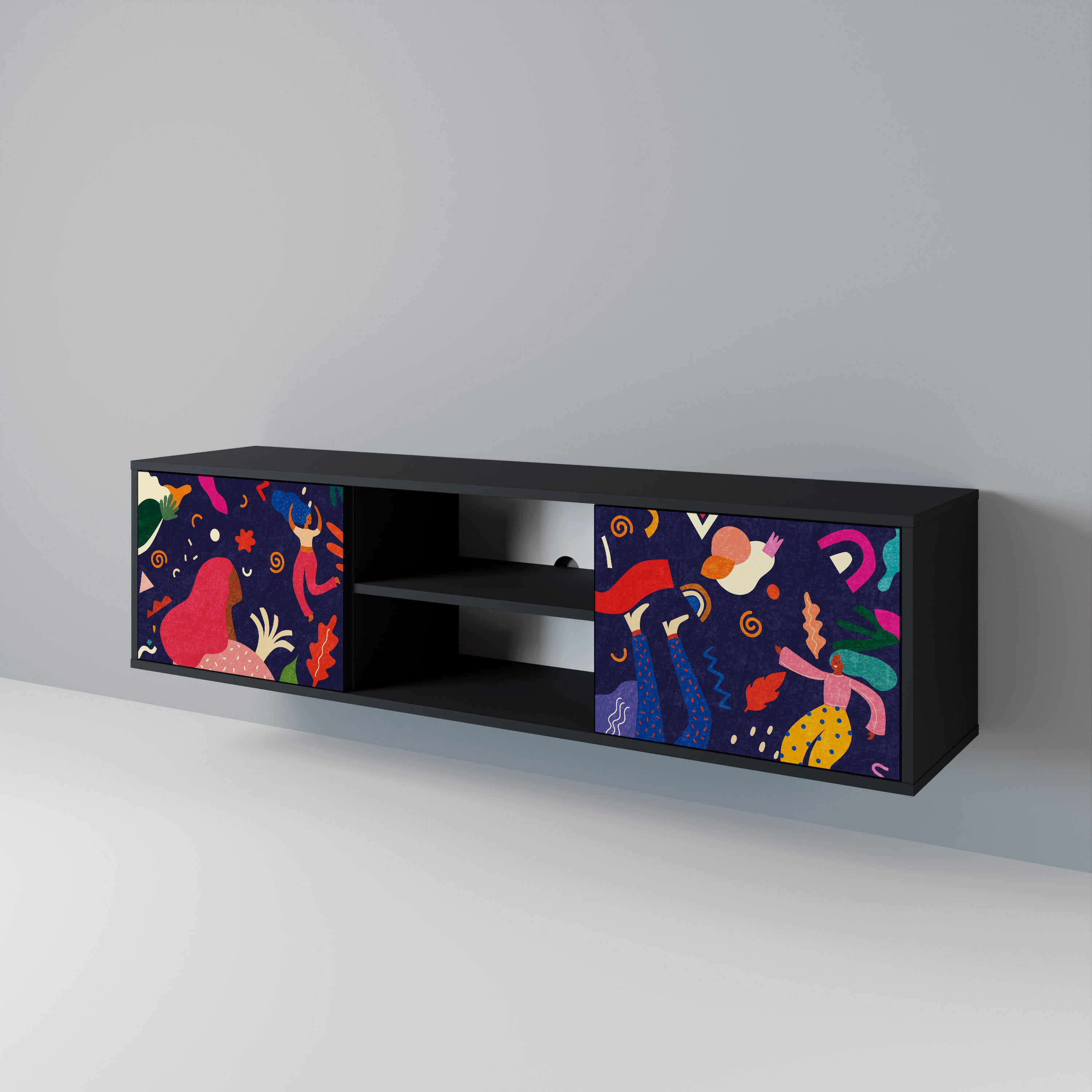 Mueble de TV de 2 puertas PLACERES FESTIVOS con acabado negro